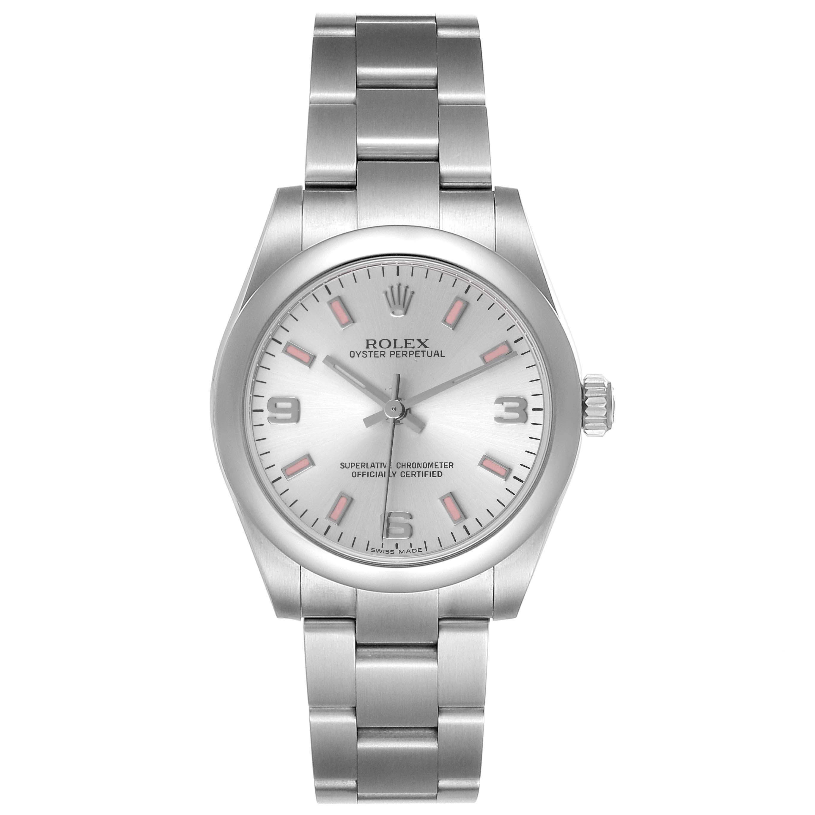 This image displays a front view of the Rolex Mid-Size 177200 Women
s Stainless Steel Silver Dial 177200 Women
s Stainless Steel Silver Dial Oyster Perpetual watch, showing its face, bezel, and bracelet.