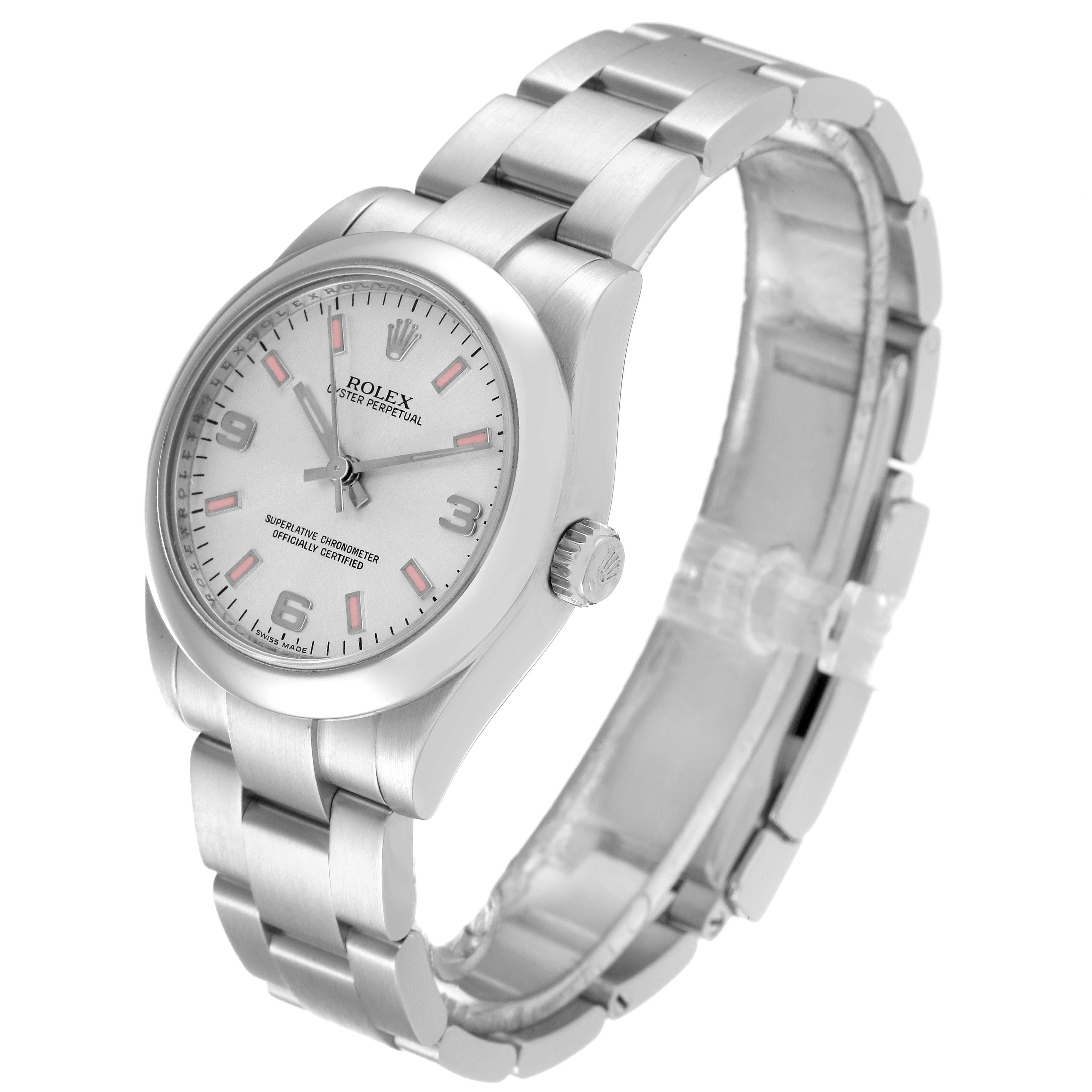 The image shows a Rolex Oyster Perpetual Mid-Size model watch at a slight angled frontal view, displaying the dial and band.