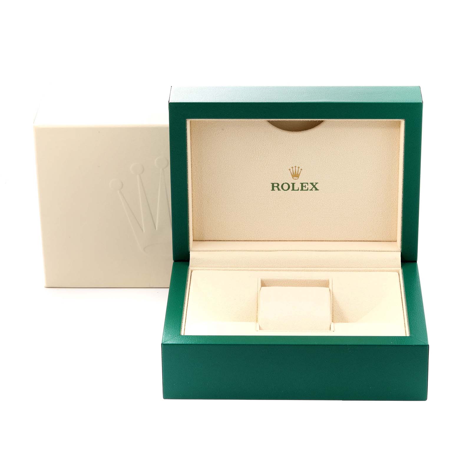 This image shows the open green and beige box for a Mid-Size Rolex watch with the lid displaying the Rolex logo.