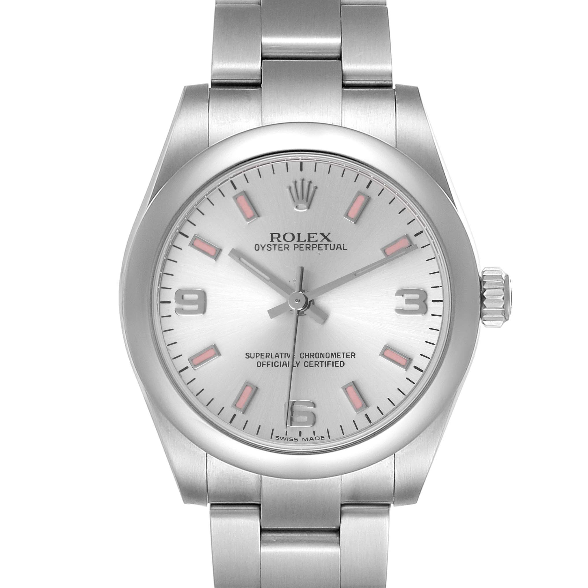 This image shows the front angle of a Rolex Mid-Size 177200 Women
s Stainless Steel Silver Dial 177200 Women
s Stainless Steel Silver Dial Oyster Perpetual watch, highlighting its face, dial, and bracelet.