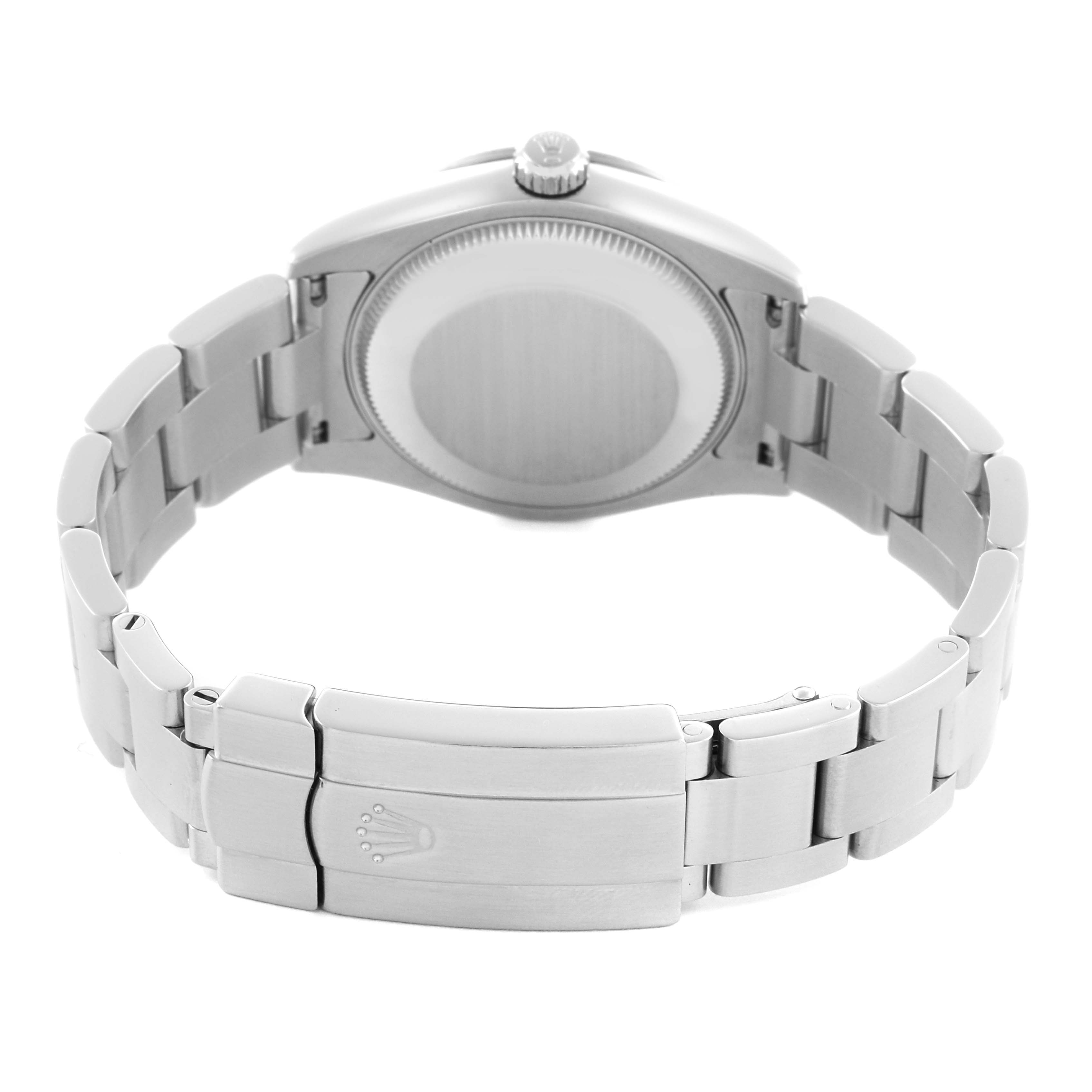 The image shows the back and clasp of a Rolex Mid-Size 177200 Women's Stainless Steel White Dial 177200 Women's Stainless Steel White Dial watch.