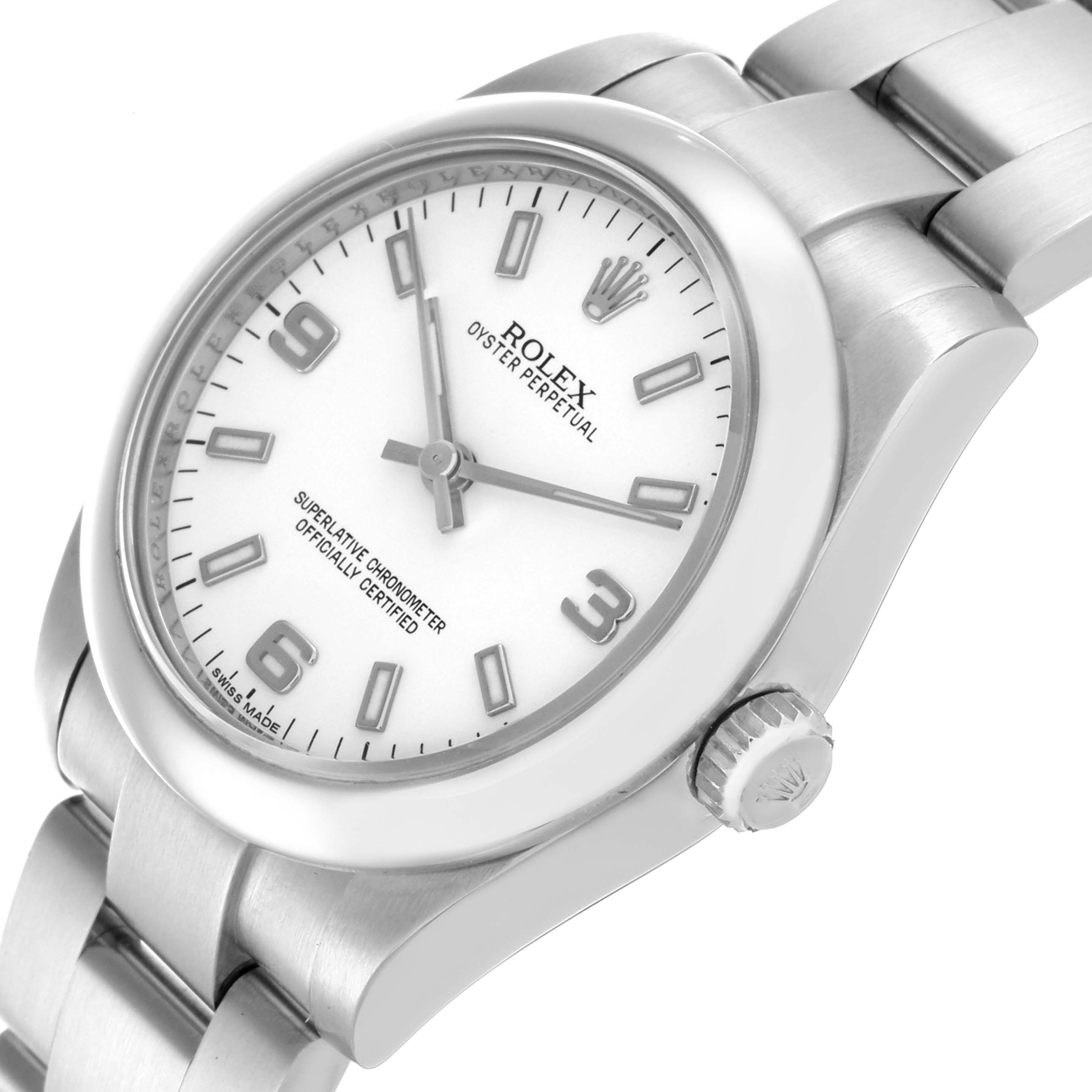 This image shows a Rolex Oyster Perpetual Mid-Size watch at a three-quarter angle, highlighting the face and bracelet.