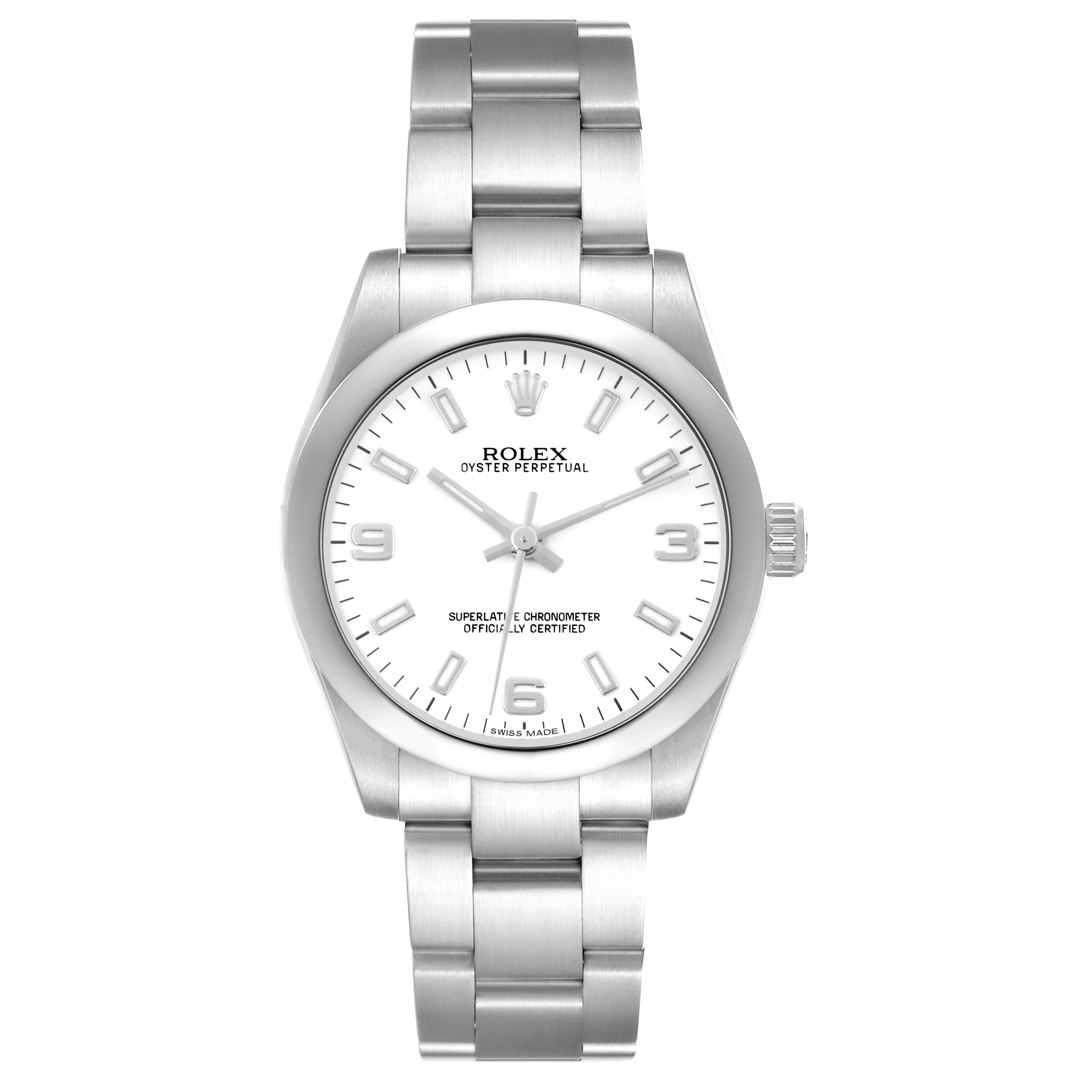 The Rolex Mid-Size 177200 Women's Stainless Steel White Dial 177200 Women's Stainless Steel White Dial model is shown from the front, displaying the dial, bezel, case, bracelet, and crown.