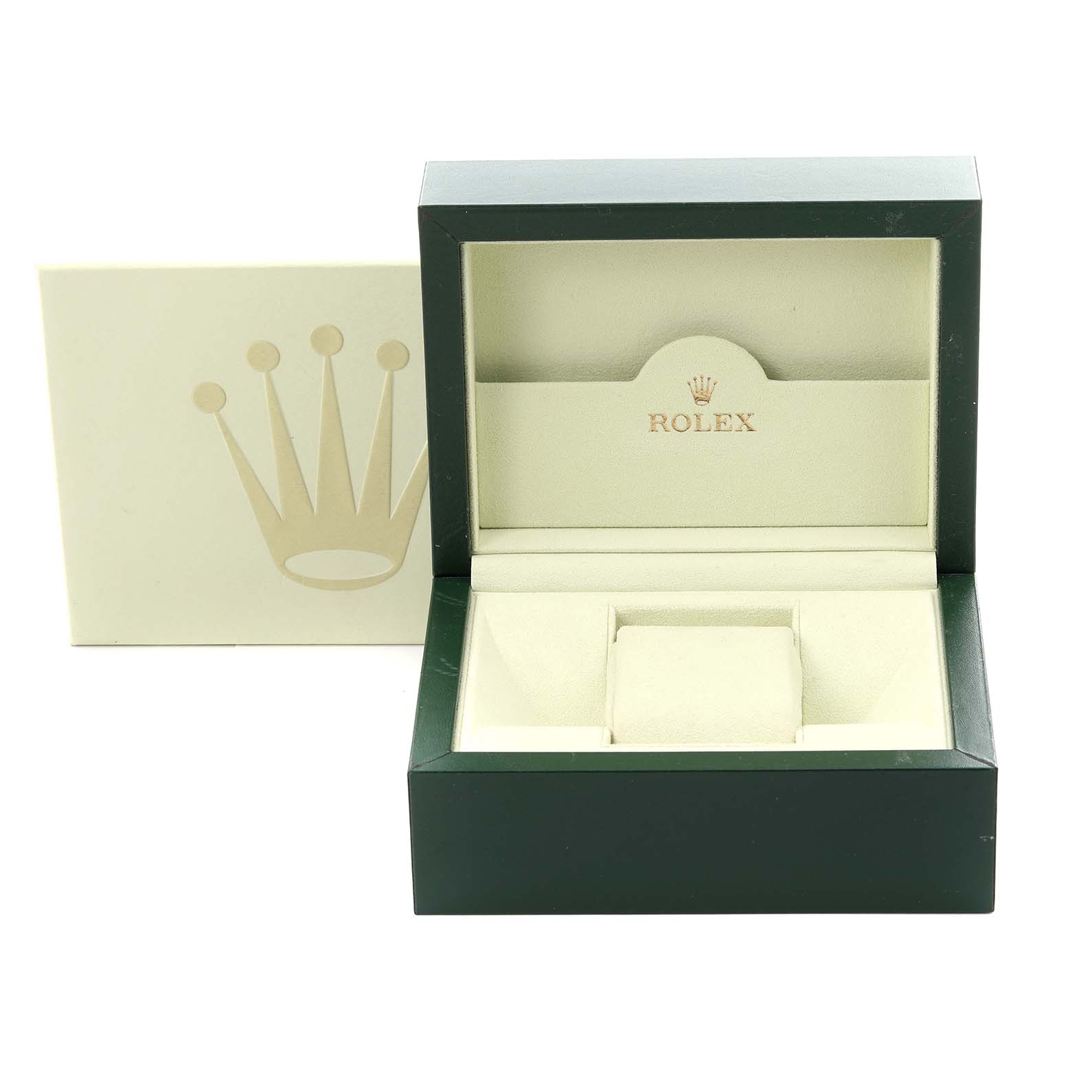 The image shows an open green Rolex box, designed for the Mid-Size model, with the inner cushion and outer packaging visible.