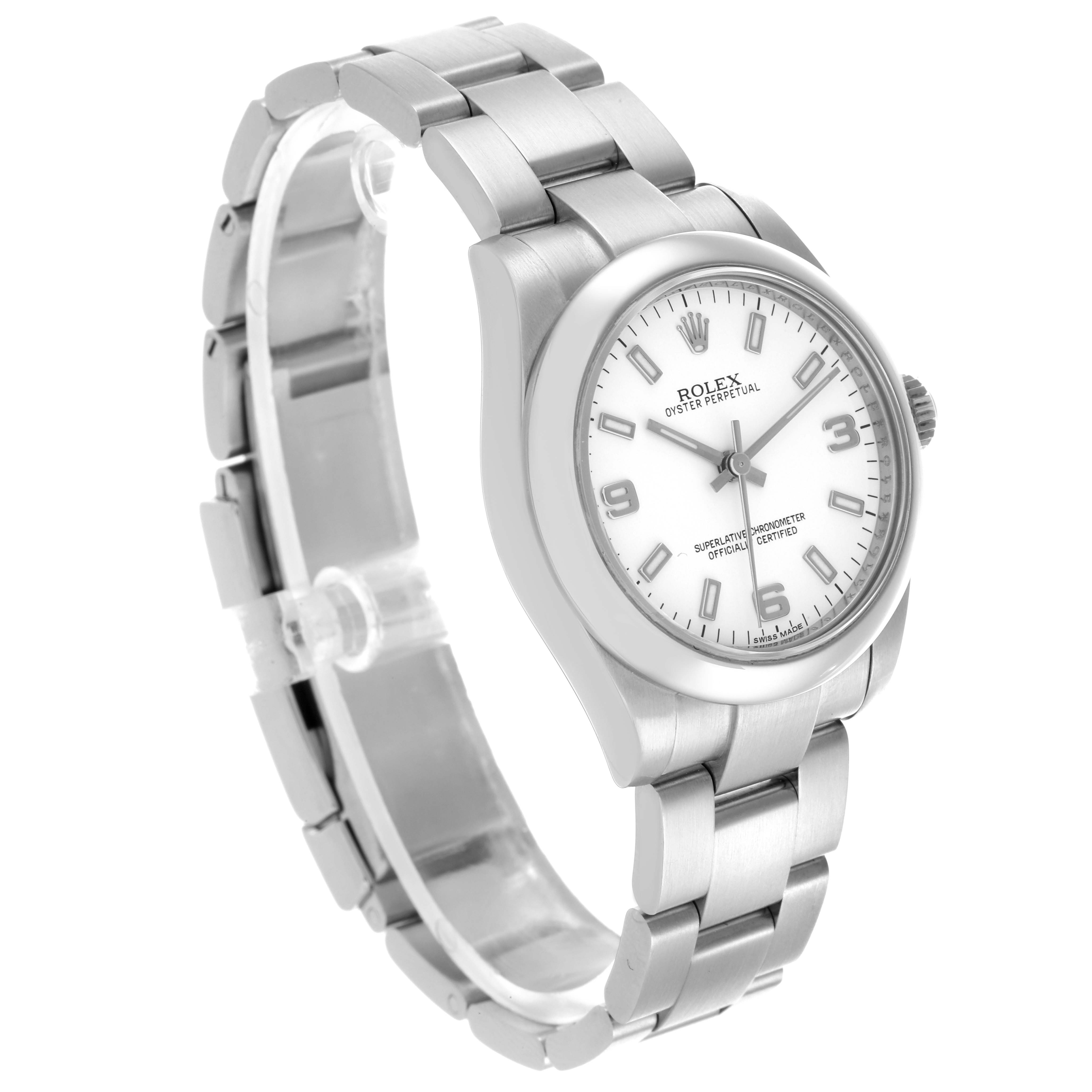 The Rolex Mid-Size 177200 Women's Stainless Steel White Dial 177200 Women's Stainless Steel White Dial watch is angled slightly from the side, displaying the bezel, dial, and bracelet links.