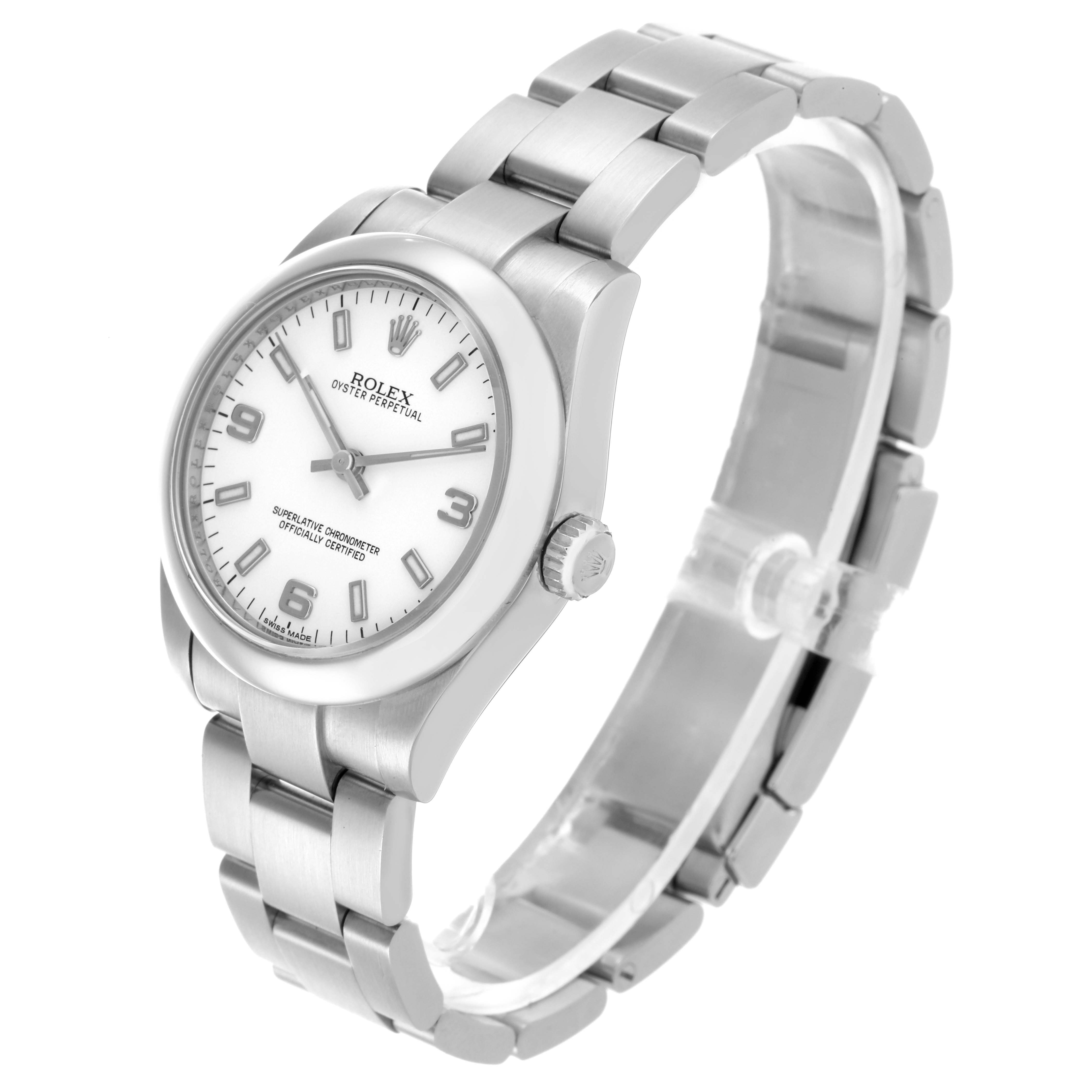 This Rolex Mid-Size 177200 Women's Stainless Steel White Dial 177200 Women's Stainless Steel White Dial watch is shown at a tilted angle highlighting the face, case, and bracelet.