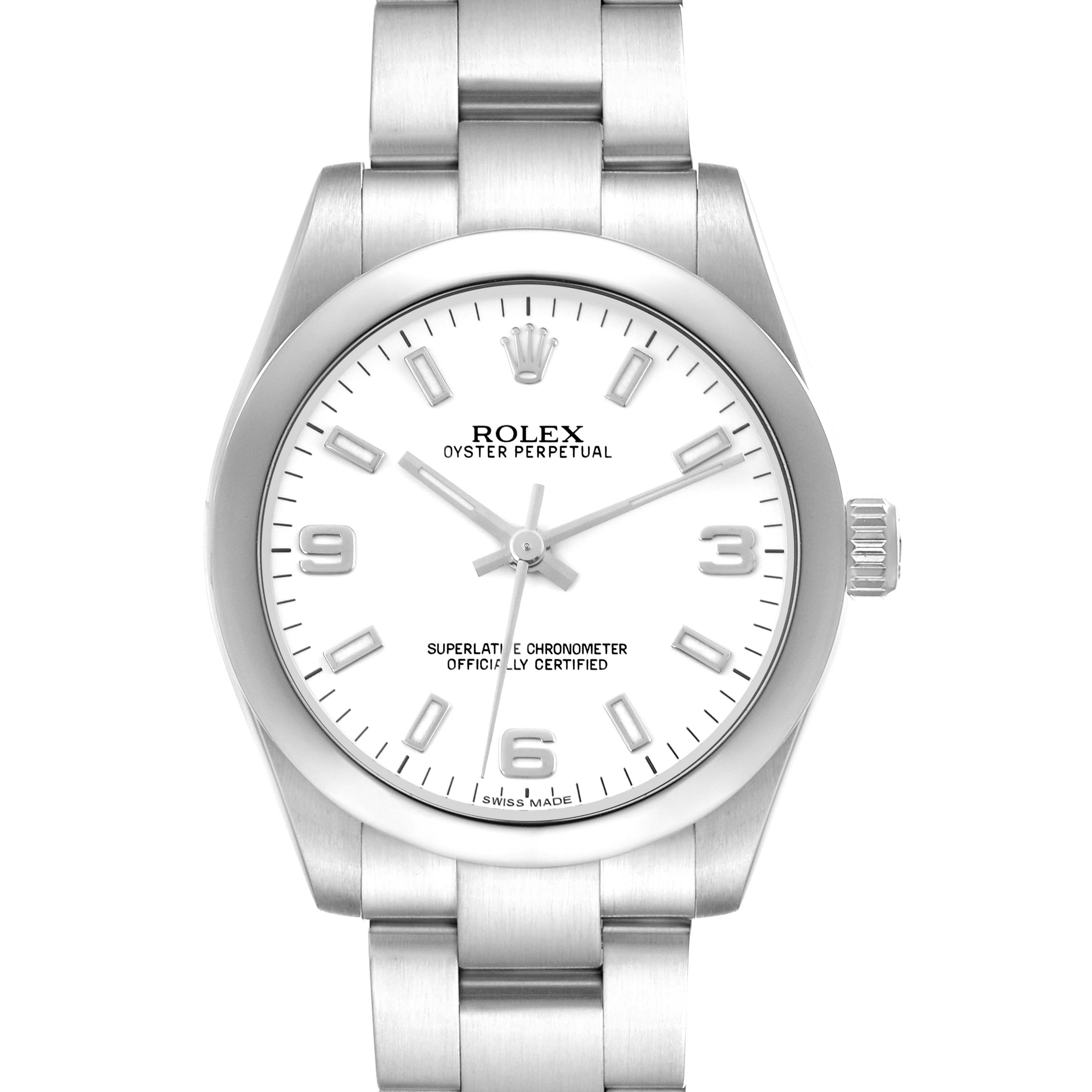 This Rolex Oyster Perpetual Mid-Size watch is shown from a front view, highlighting the dial, bezel, and bracelet.