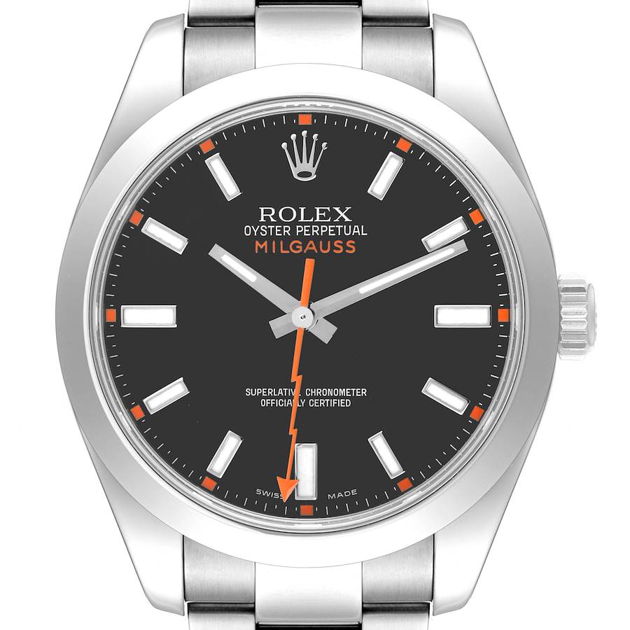 The Rolex Milgauss watch is shown from a front angle, highlighting the dial, hands, crown, and part of the bracelet.