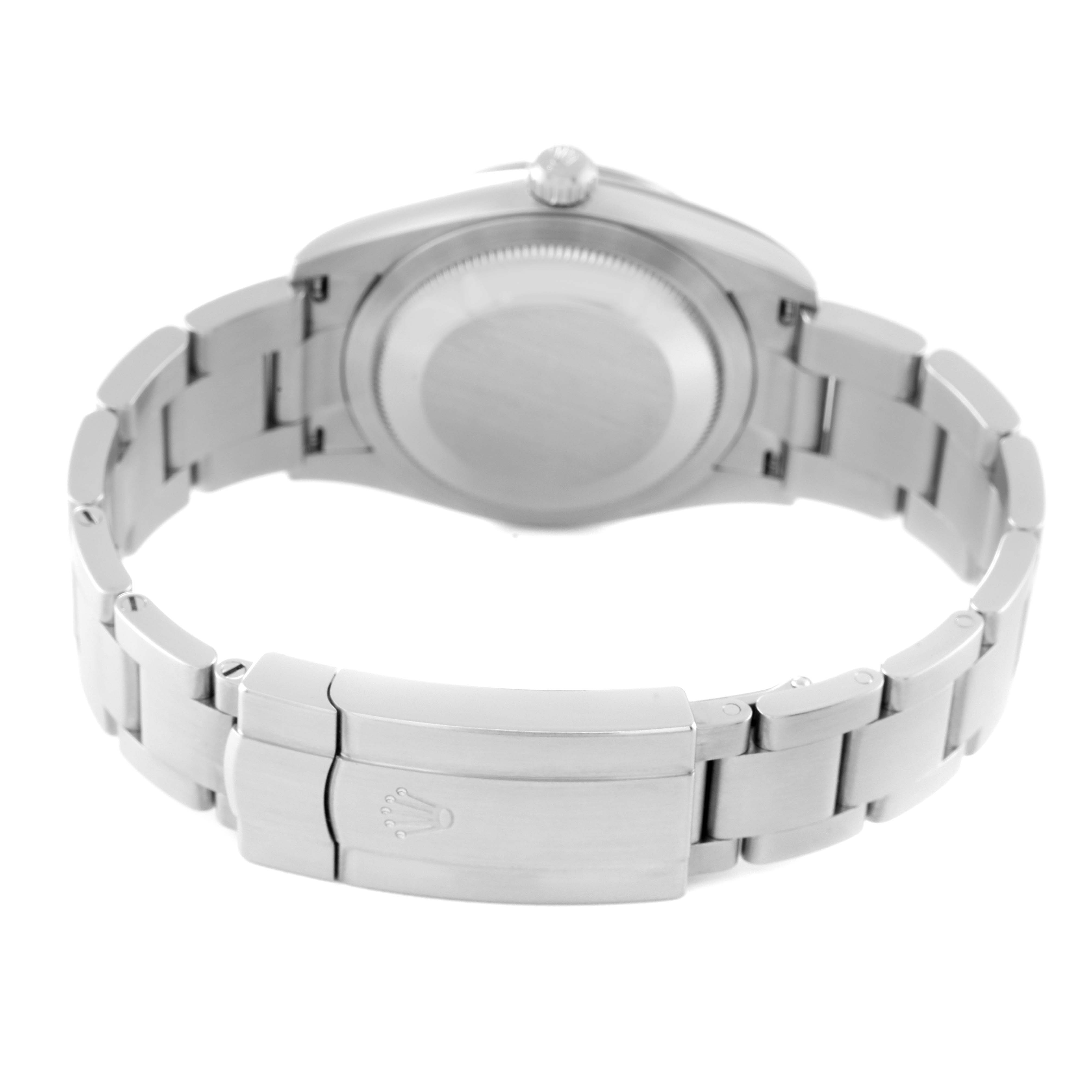 The image shows the back view of the Rolex Oyster Perpetual 124200 Men's Stainless Steel Black Dial 124200 Men's Stainless Steel Black Dial watch, highlighting the clasp, bracelet, and case back.