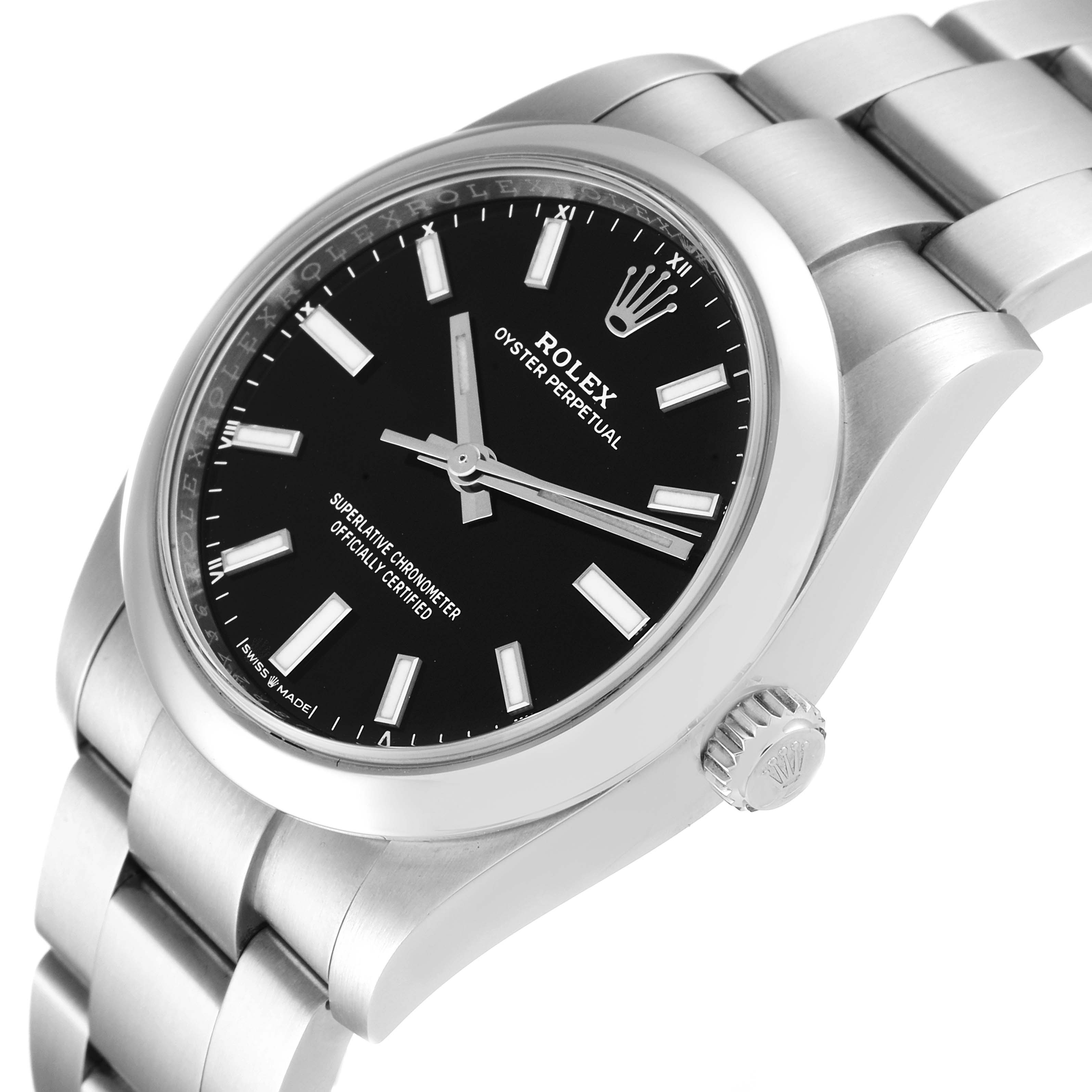 The Rolex Oyster Perpetual 124200 Men's Stainless Steel Black Dial 124200 Men's Stainless Steel Black Dial watch is shown at an angle highlighting the dial, case, crown, and bracelet.