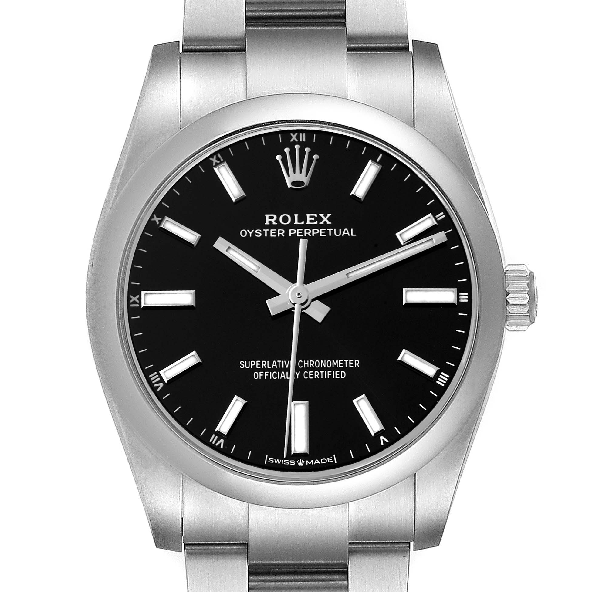 The image shows a front view of a Rolex Oyster Perpetual 124200 Men's Stainless Steel Black Dial 124200 Men's Stainless Steel Black Dial watch, highlighting its black dial and stainless steel bracelet.