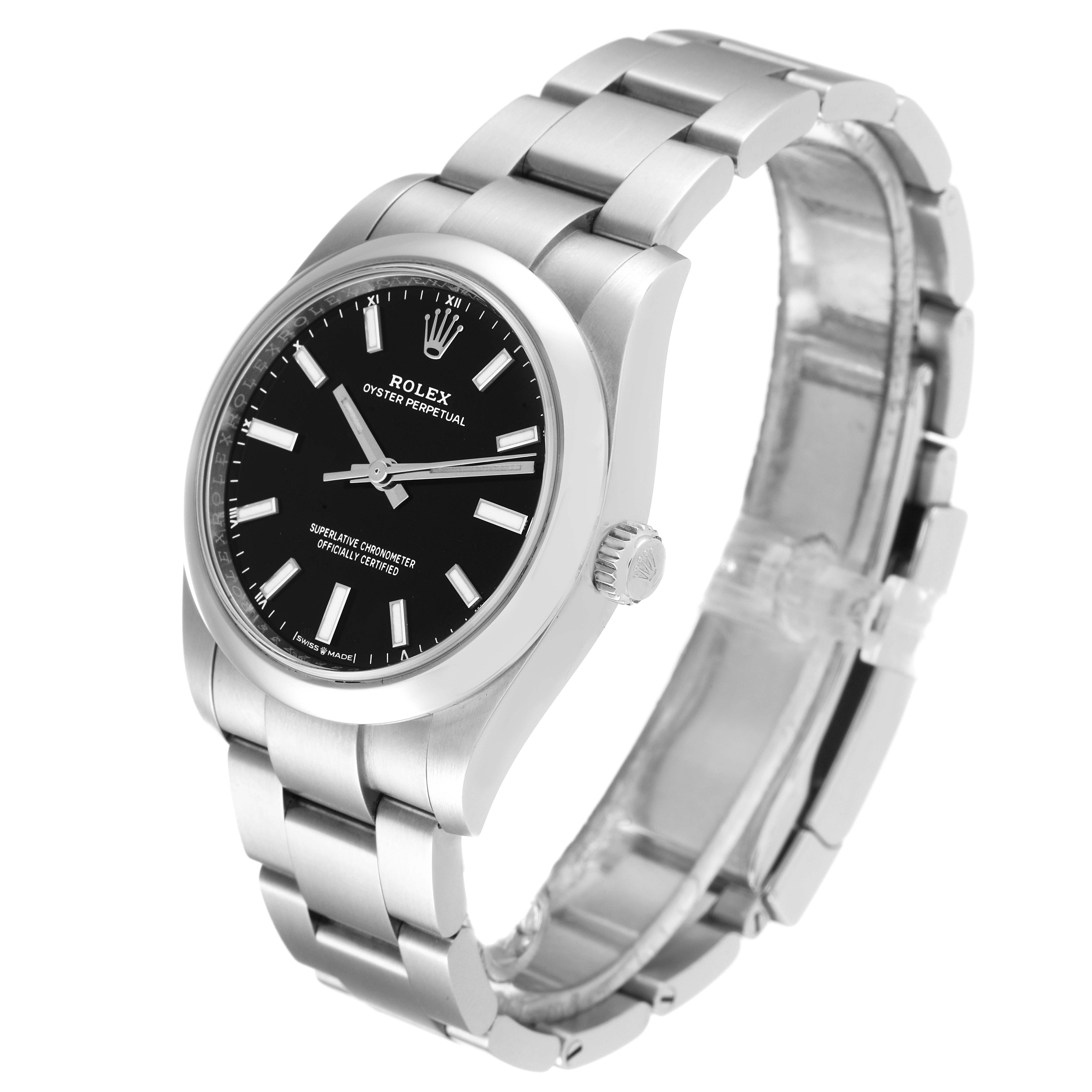 The Rolex Oyster Perpetual 124200 Men's Stainless Steel Black Dial 124200 Men's Stainless Steel Black Dial watch is shown from a 3 o'clock angle, highlighting the dial, case, and bracelet.