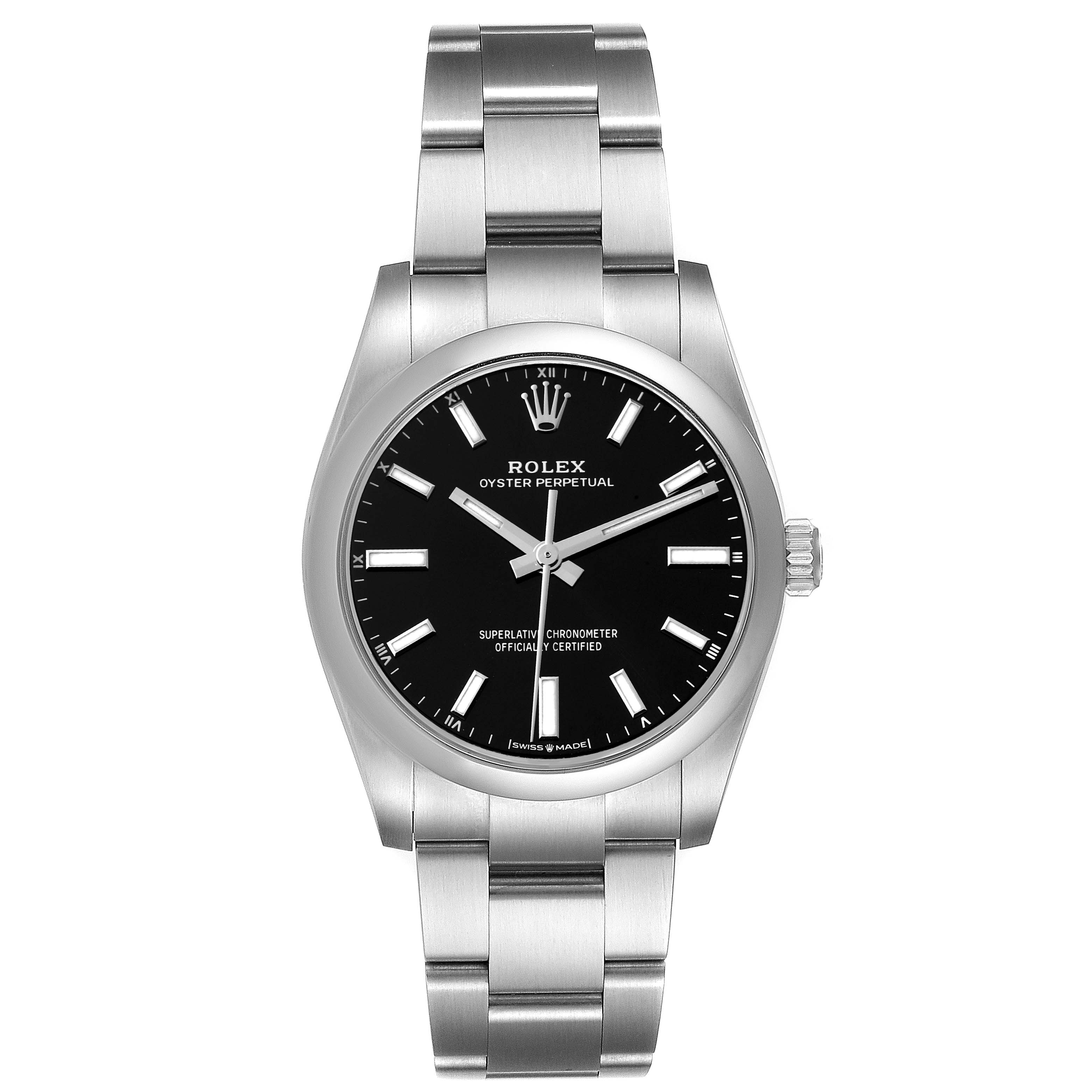 The image displays a front view of the Rolex Oyster Perpetual 124200 Men's Stainless Steel Black Dial 124200 Men's Stainless Steel Black Dial watch, showing the entire face and bracelet.