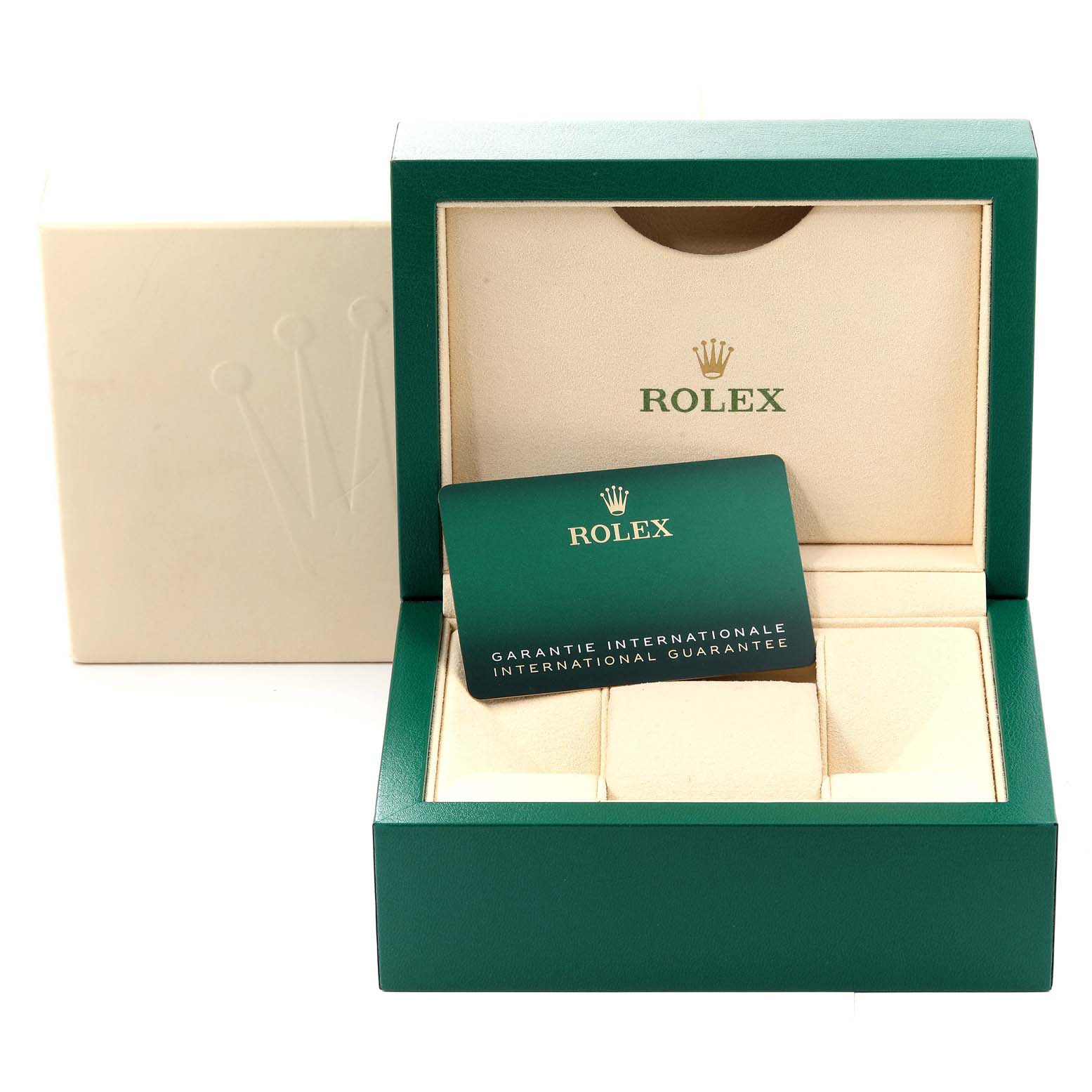 The image shows a Rolex Oyster Perpetual 124200 Men's Stainless Steel Black Dial 124200 Men's Stainless Steel Black Dial watch box, an international guarantee card, and the watch cushion inside.