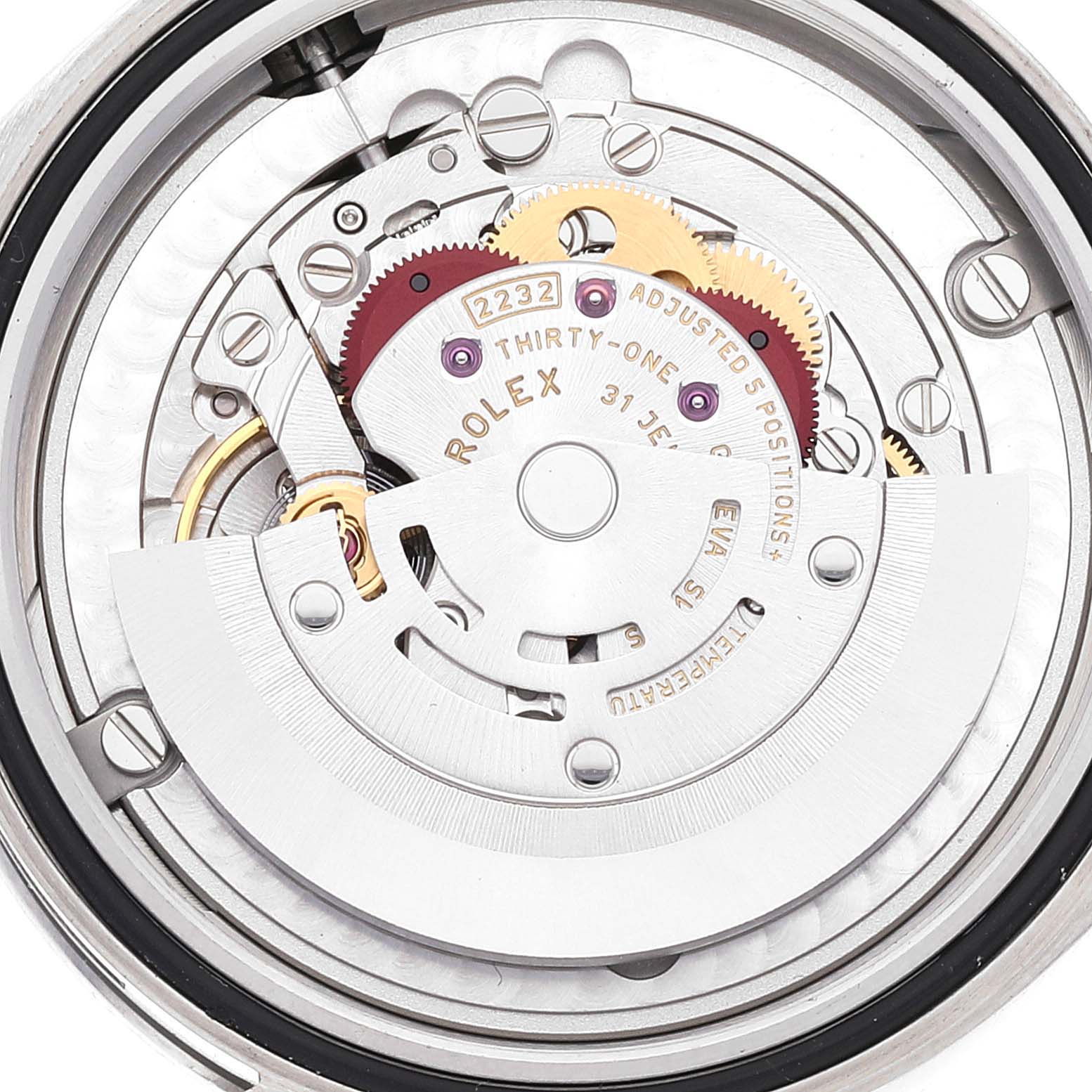 This image shows the intricate internal mechanism of the Rolex Oyster Perpetual 124200 Men's Stainless Steel Black Dial 124200 Men's Stainless Steel Black Dial watch from a top-down angle.