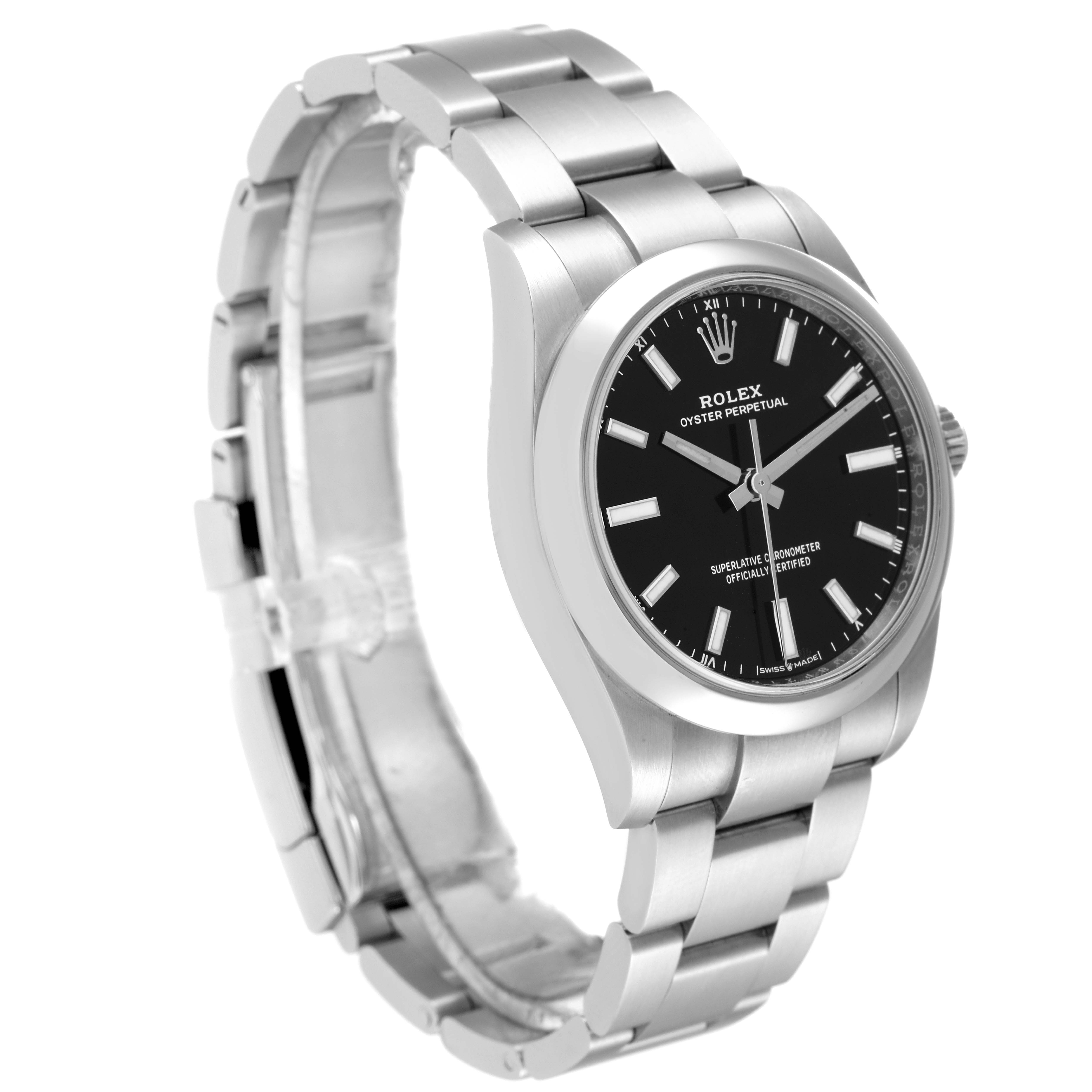 The image shows a side view of the Rolex Oyster Perpetual 124200 Men's Stainless Steel Black Dial 124200 Men's Stainless Steel Black Dial watch, highlighting its black dial, stainless steel case, and bracelet.