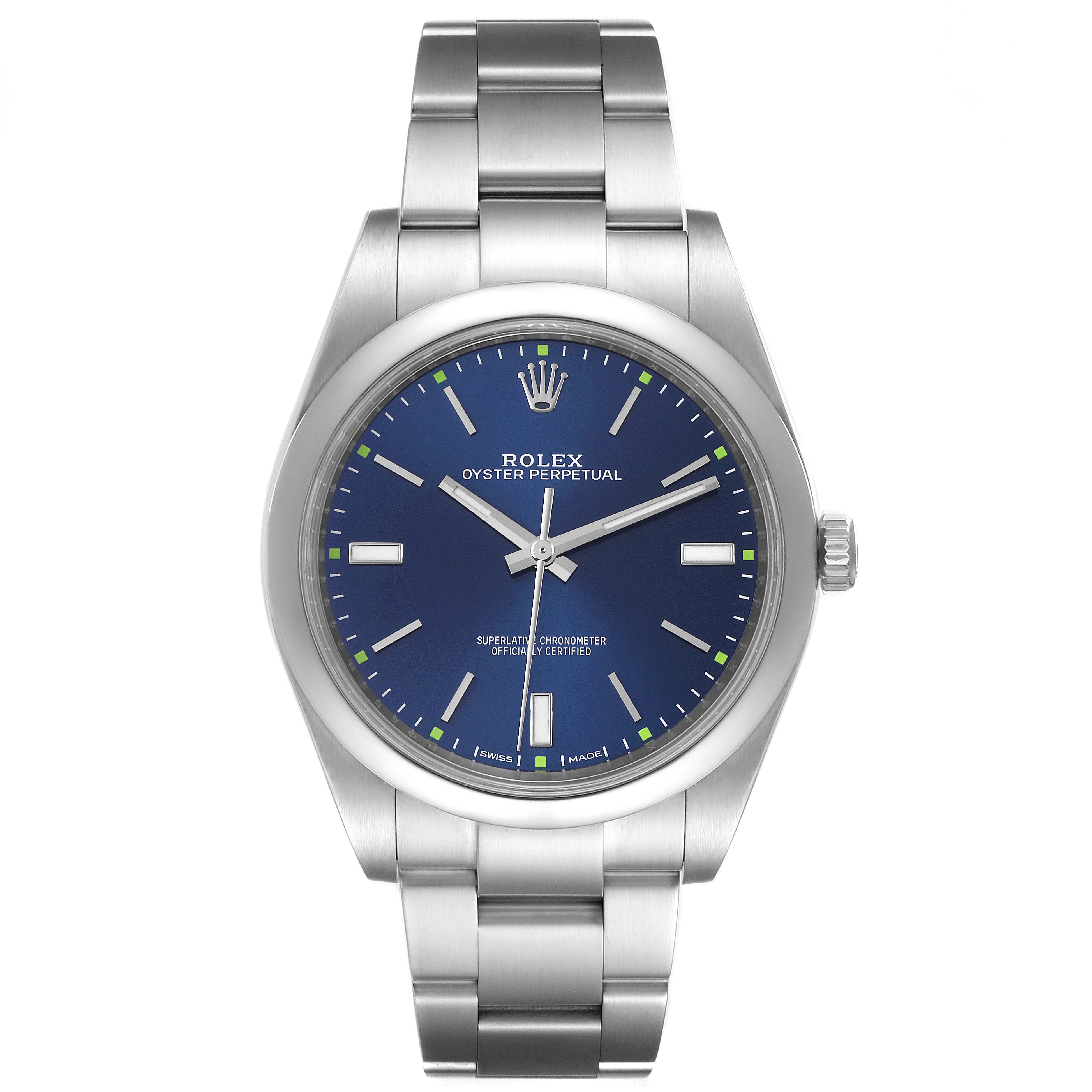The Rolex Oyster Perpetual 114300 Men
s Stainless Steel Blue Dial 114300 Men
s Stainless Steel Blue Dial watch is shown from a front angle, displaying its blue dial, hour markers, and metal bracelet.