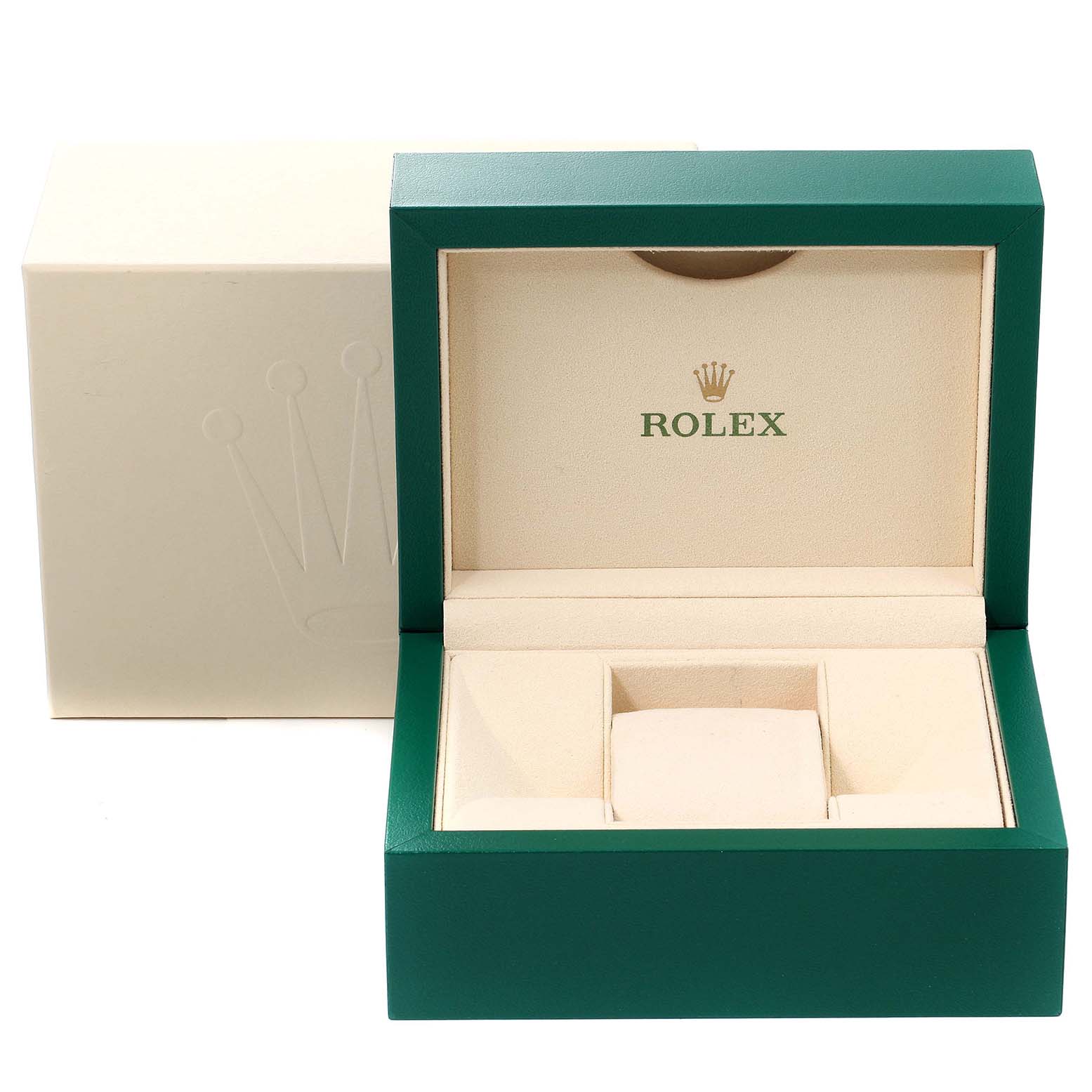 The image shows an open Rolex Oyster Perpetual 114300 Men
s Stainless Steel Blue Dial 114300 Men
s Stainless Steel Blue Dial watch box with a green exterior and beige interior.