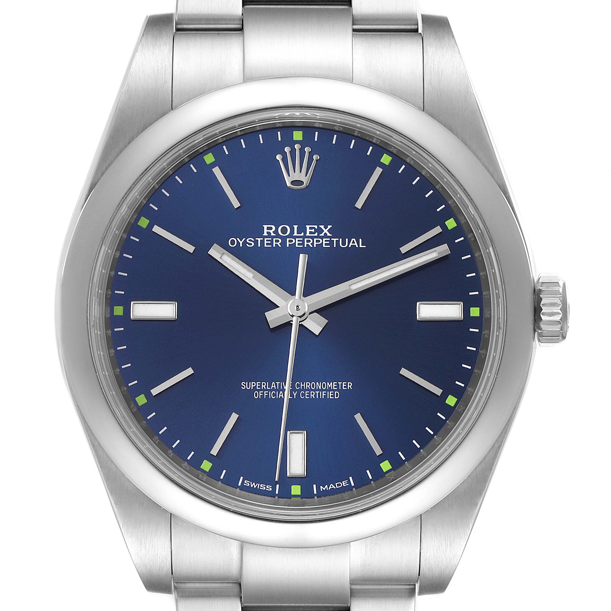 The image shows a front view of the Rolex Oyster Perpetual 114300 Men
s Stainless Steel Blue Dial 114300 Men
s Stainless Steel Blue Dial watch displaying its dial, hands, crown, and part of the bracelet.