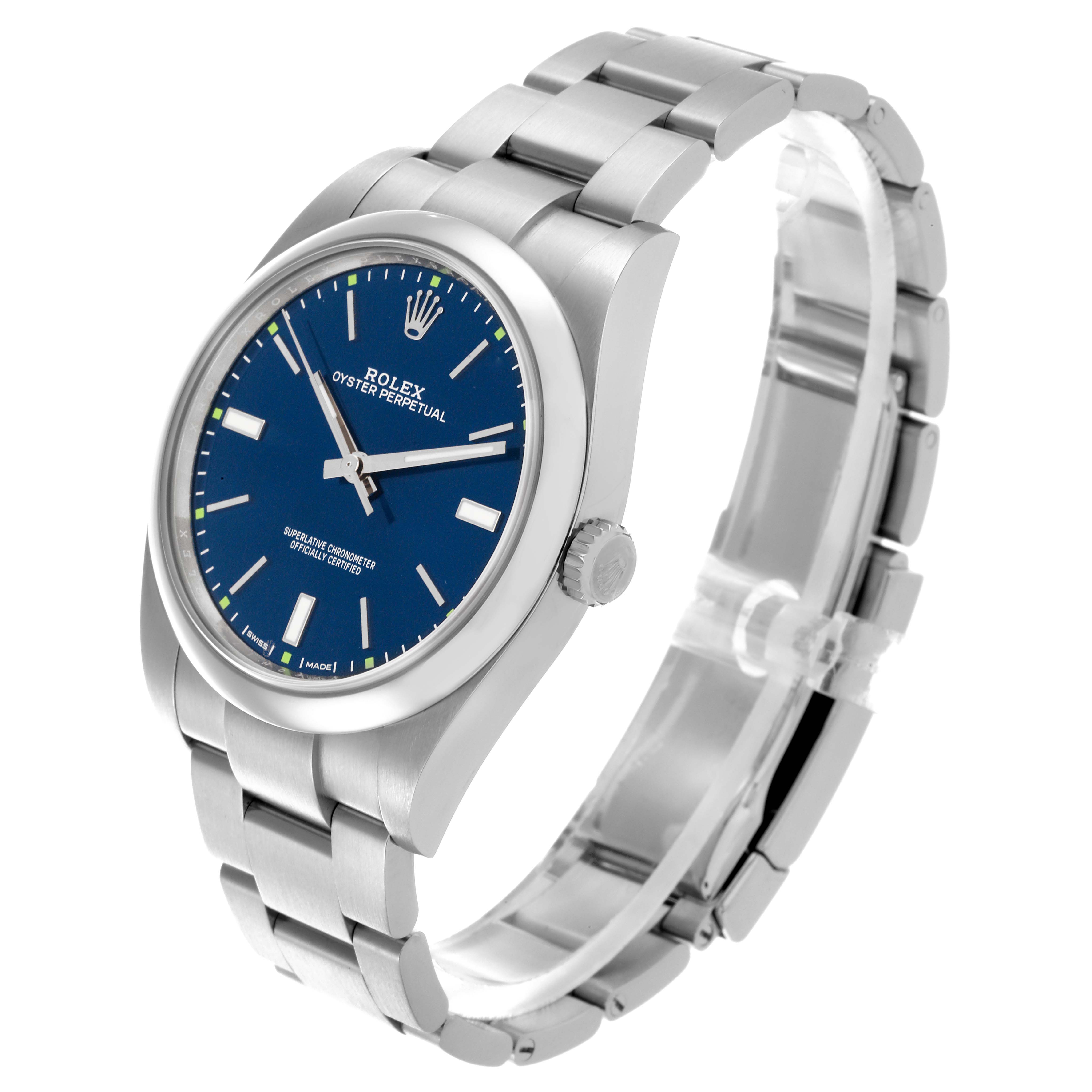 The Rolex Oyster Perpetual 114300 Men's Stainless Steel Blue Dial 114300 Men's Stainless Steel Blue Dial watch is shown from a three-quarter angle, displaying the dial, bezel, and bracelet.