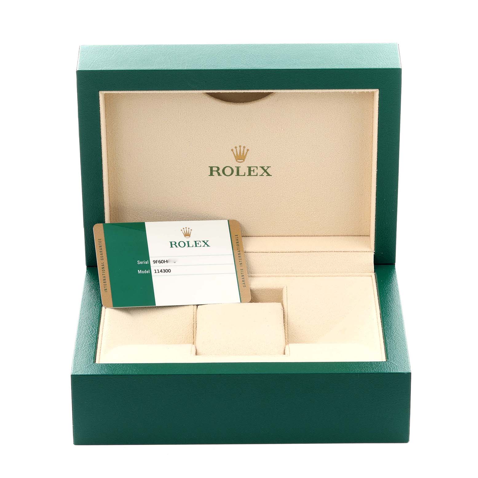 The image shows a green Rolex box for the Oyster Perpetual model, displaying the interior and a warranty card.