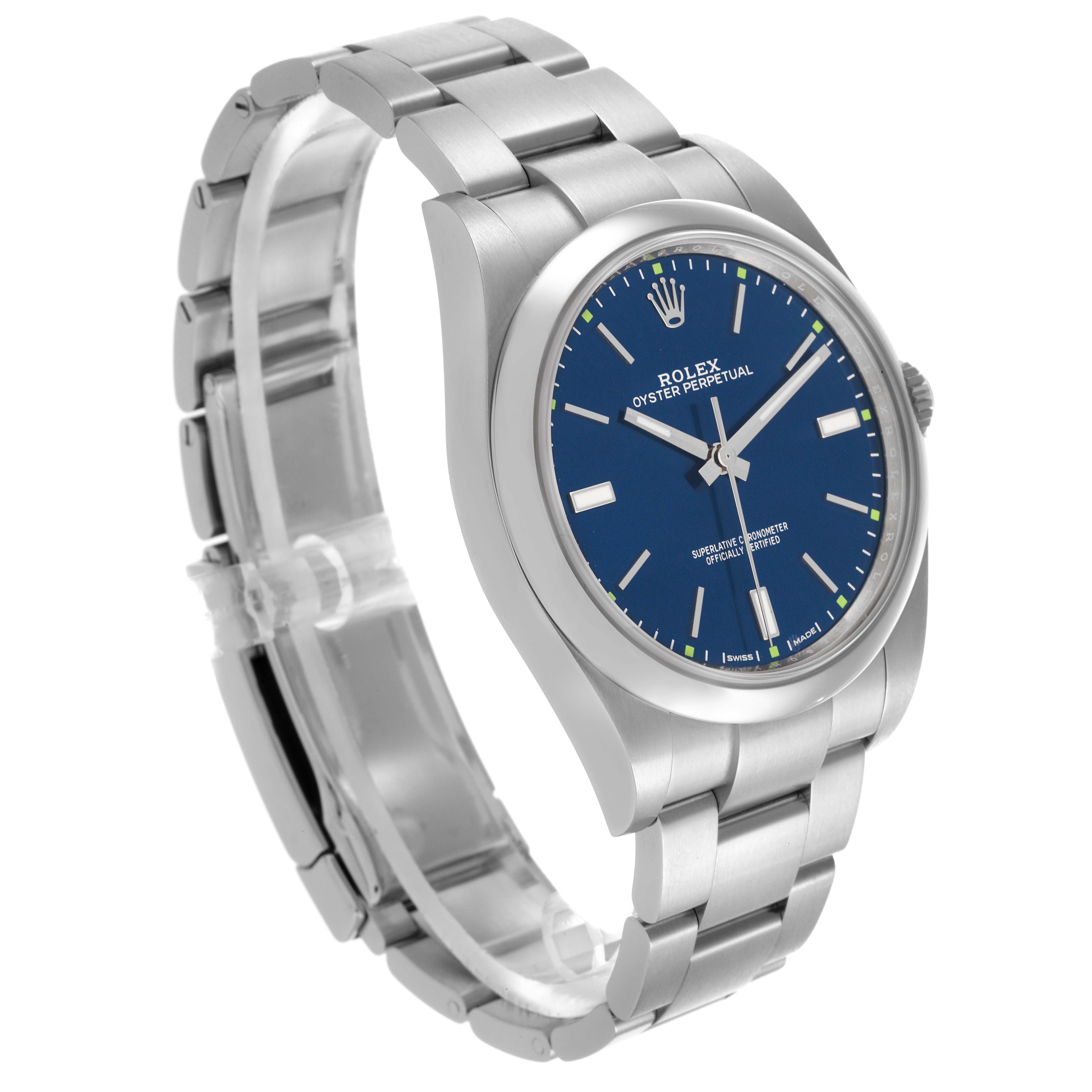 The Rolex Oyster Perpetual 114300 Men's Stainless Steel Blue Dial 114300 Men's Stainless Steel Blue Dial watch is shown at a three-quarter angle, highlighting the band and face.