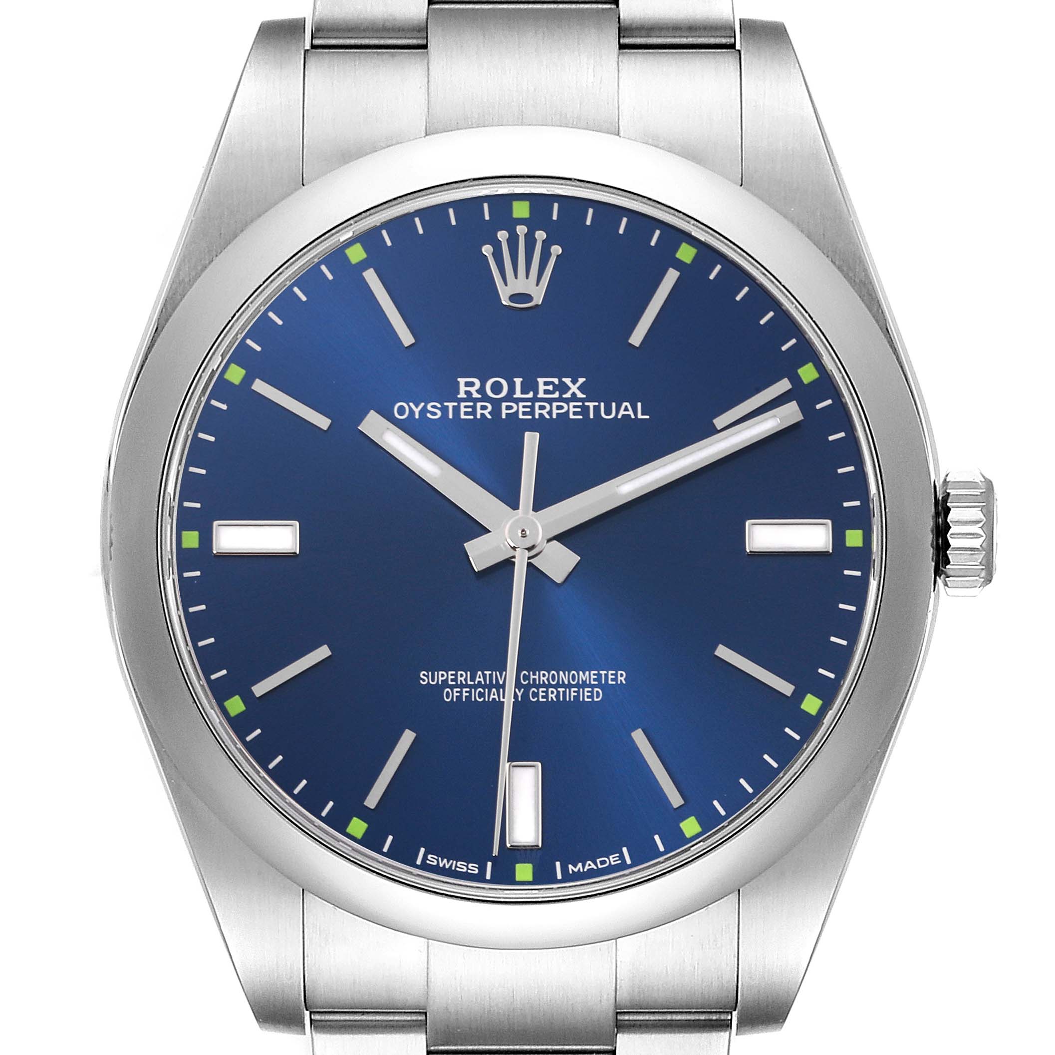 The Rolex Oyster Perpetual 114300 Men's Stainless Steel Blue Dial 114300 Men's Stainless Steel Blue Dial watch is shown from a front view, highlighting its blue dial and silver case.