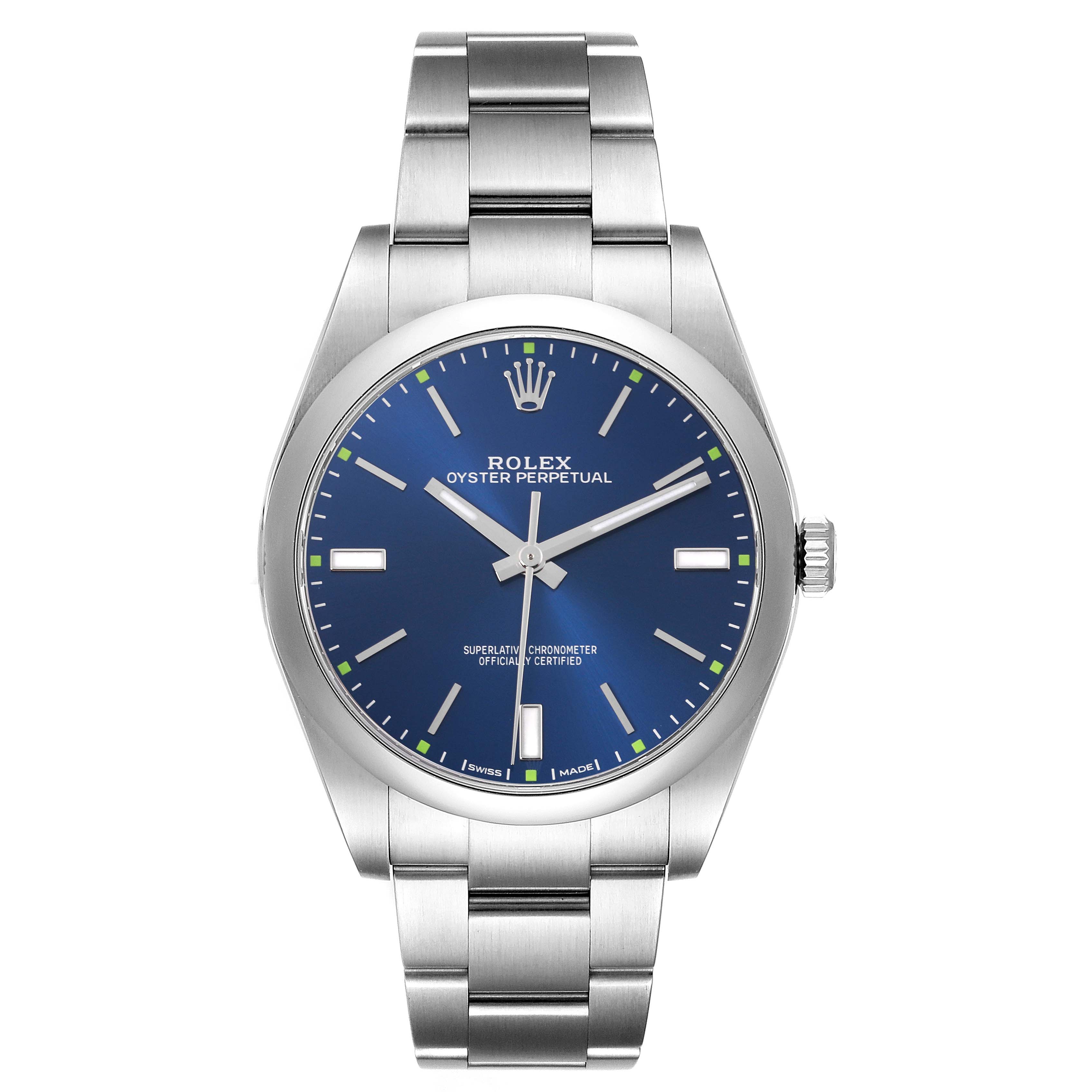 The Rolex Oyster Perpetual 114300 Men's Stainless Steel Blue Dial 114300 Men's Stainless Steel Blue Dial watch is shown from the front, displaying its dial, case, and bracelet.