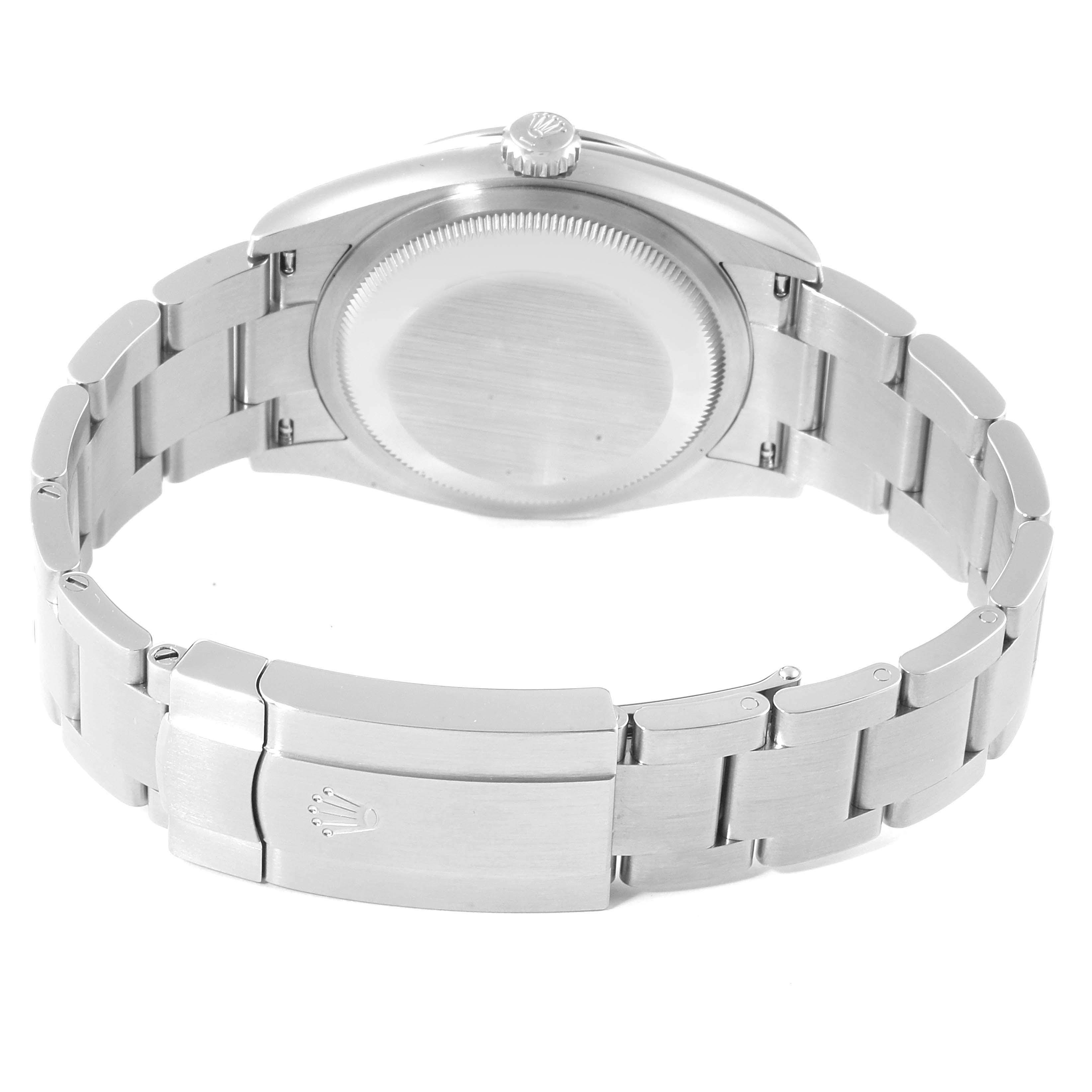 The image shows the back angle of a Rolex Oyster Perpetual 126000 Men
s Stainless Steel Blue Dial 126000 Men
s Stainless Steel Blue Dial watch, including its case back, bracelet, and clasp.