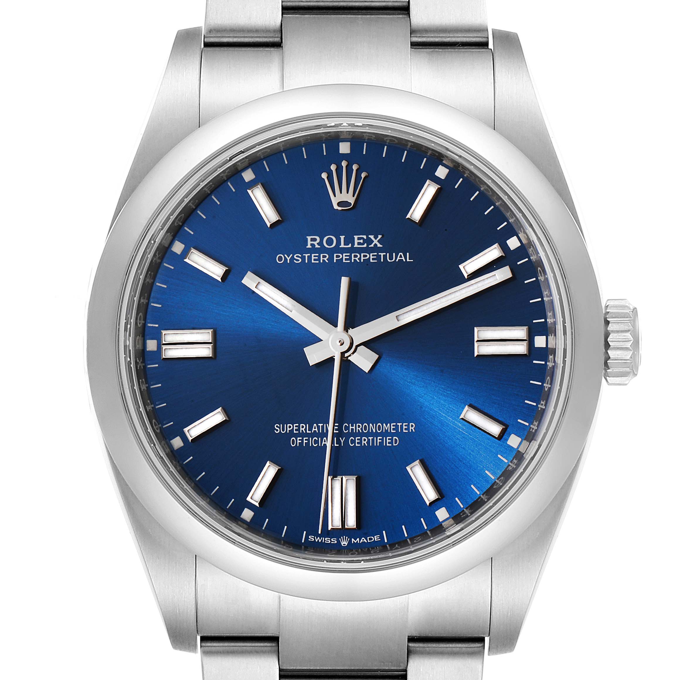 This is a front-facing view of a Rolex Oyster Perpetual 126000 Men
s Stainless Steel Blue Dial 126000 Men
s Stainless Steel Blue Dial watch, showing the face, case, and part of the bracelet.