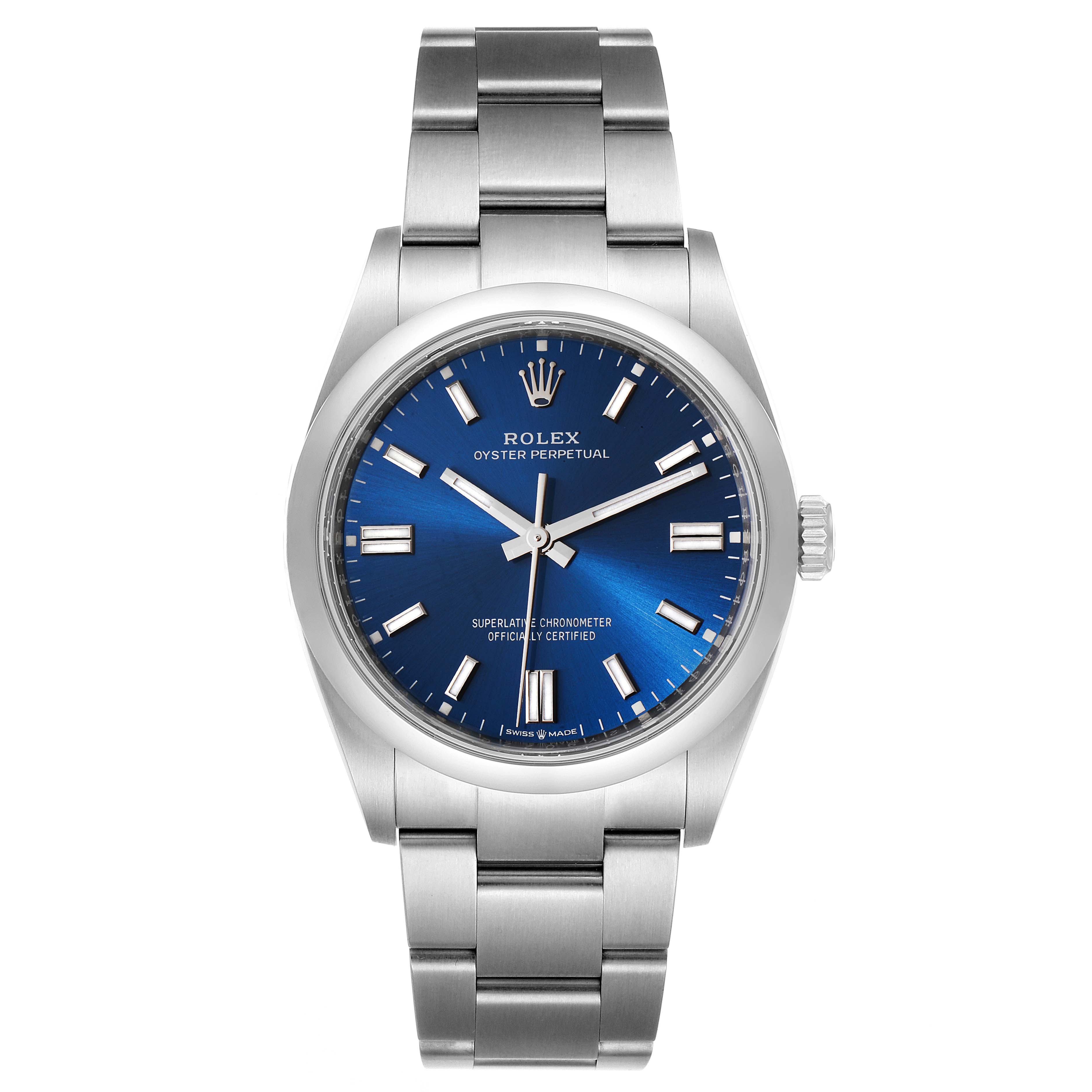 This is a front view of a Rolex Oyster Perpetual 126000 Men
s Stainless Steel Blue Dial 126000 Men
s Stainless Steel Blue Dial watch, showcasing the dial, hands, and bracelet.
