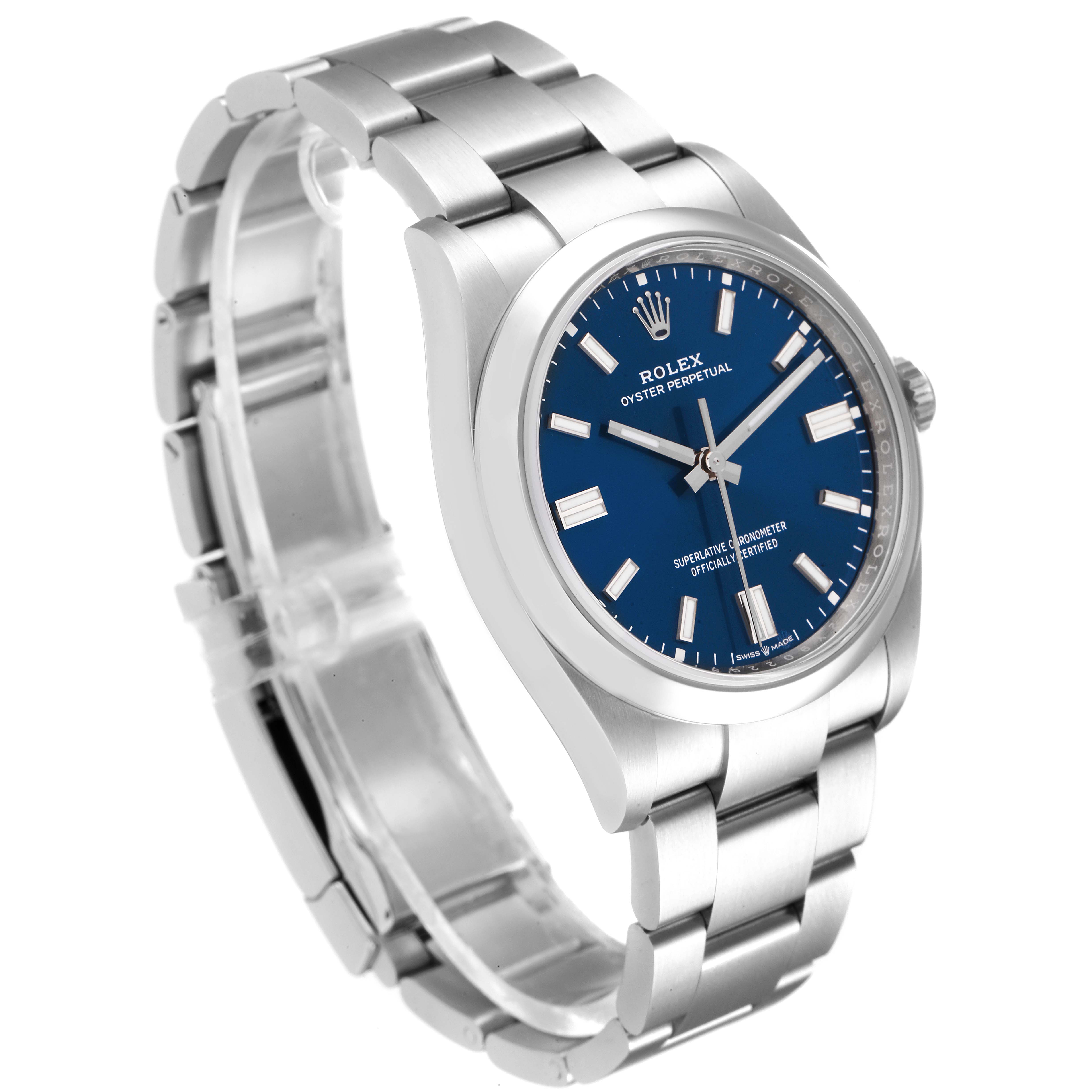The image shows a Rolex Oyster Perpetual 126000 Men
s Stainless Steel Blue Dial 126000 Men
s Stainless Steel Blue Dial watch at a slight angle, highlighting its blue dial, bracelet, and case.