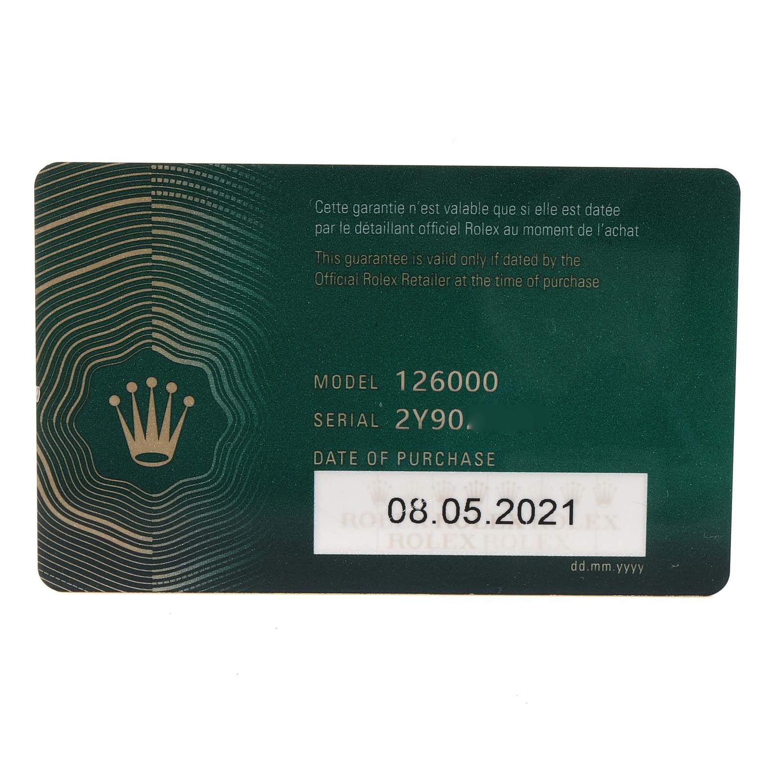 The image shows the warranty card for a Rolex Oyster Perpetual 126000 Men
s Stainless Steel Blue Dial 126000 Men
s Stainless Steel Blue Dial model 126000, displaying the purchase date of 08.05.2021.