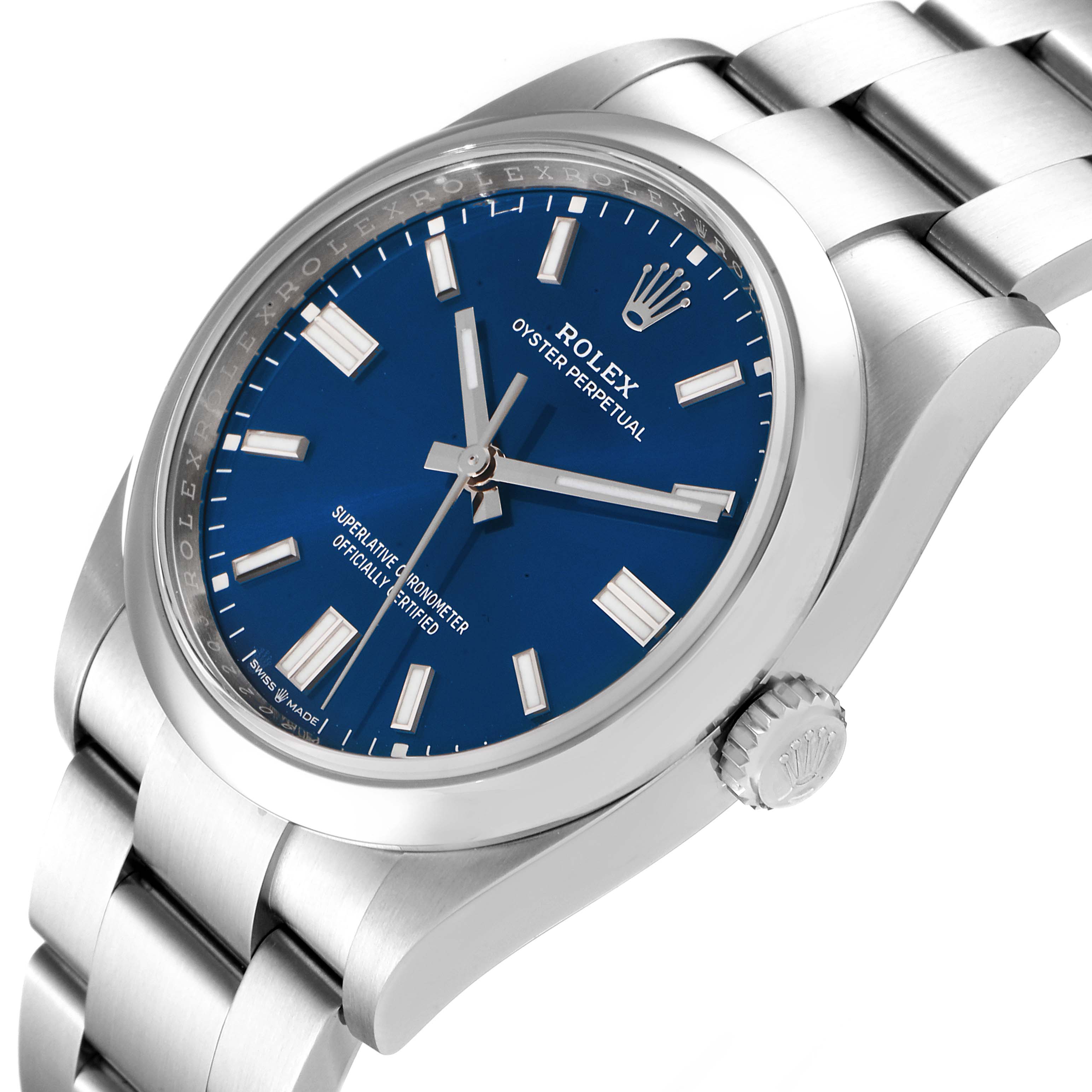 The image shows a close-up angle of the Rolex Oyster Perpetual 126000 Men
s Stainless Steel Blue Dial 126000 Men
s Stainless Steel Blue Dial watch, highlighting its blue dial, bezel, and part of the bracelet.