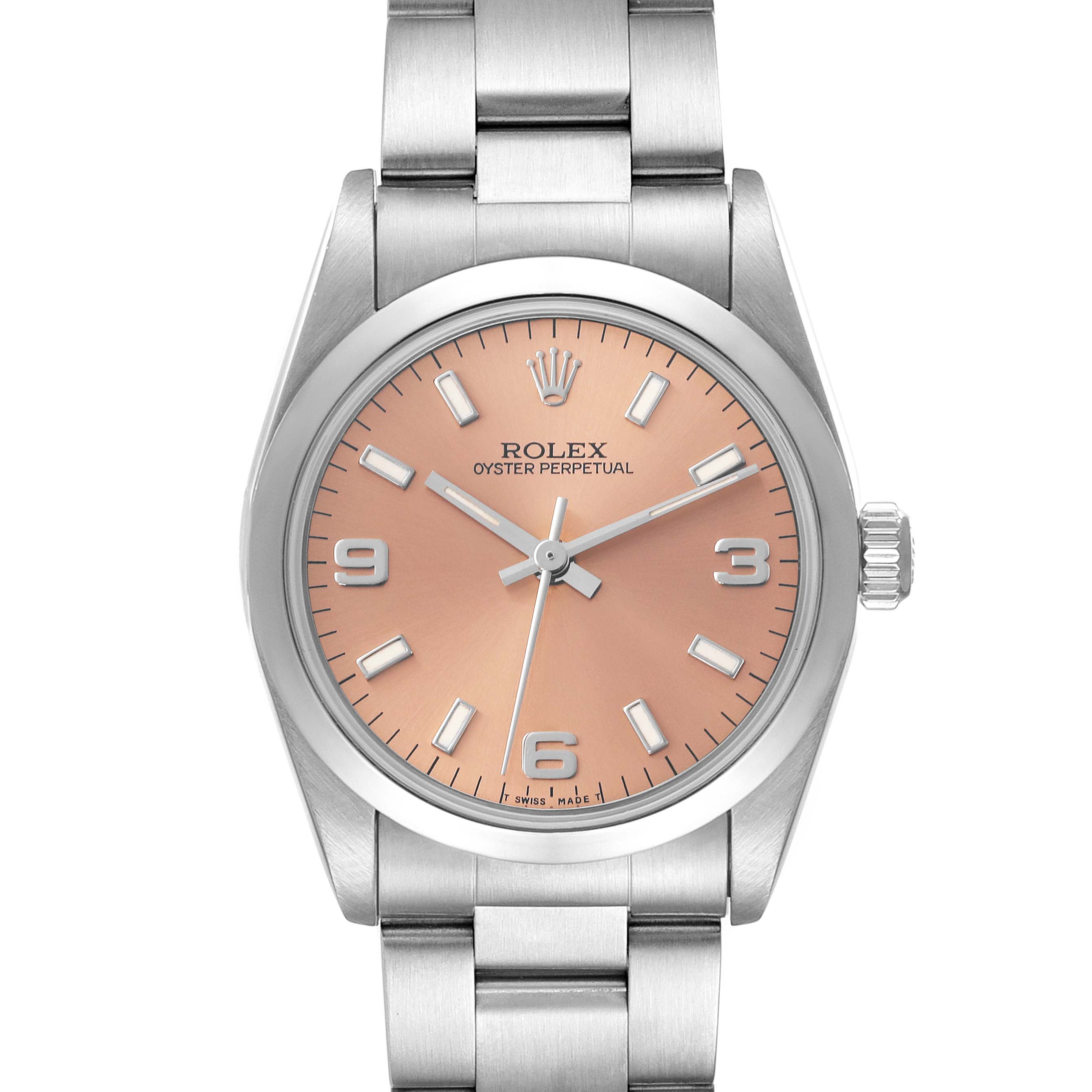 The Rolex Mid-Size 67480 Women's Stainless Steel Pink Dial 67480 Women's Stainless Steel Pink Dial watch is shown front-facing, displaying the dial, bezel, crown, and bracelet.