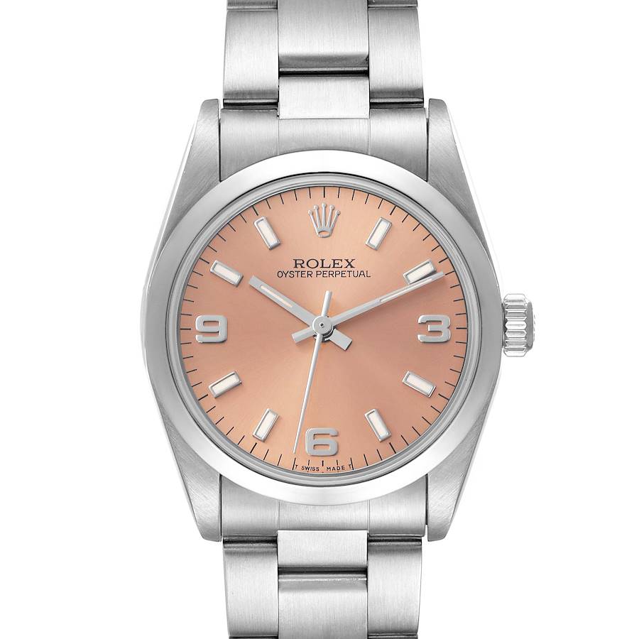 The Rolex Mid-Size watch is shown front-facing, displaying the dial, bezel, crown, and bracelet.