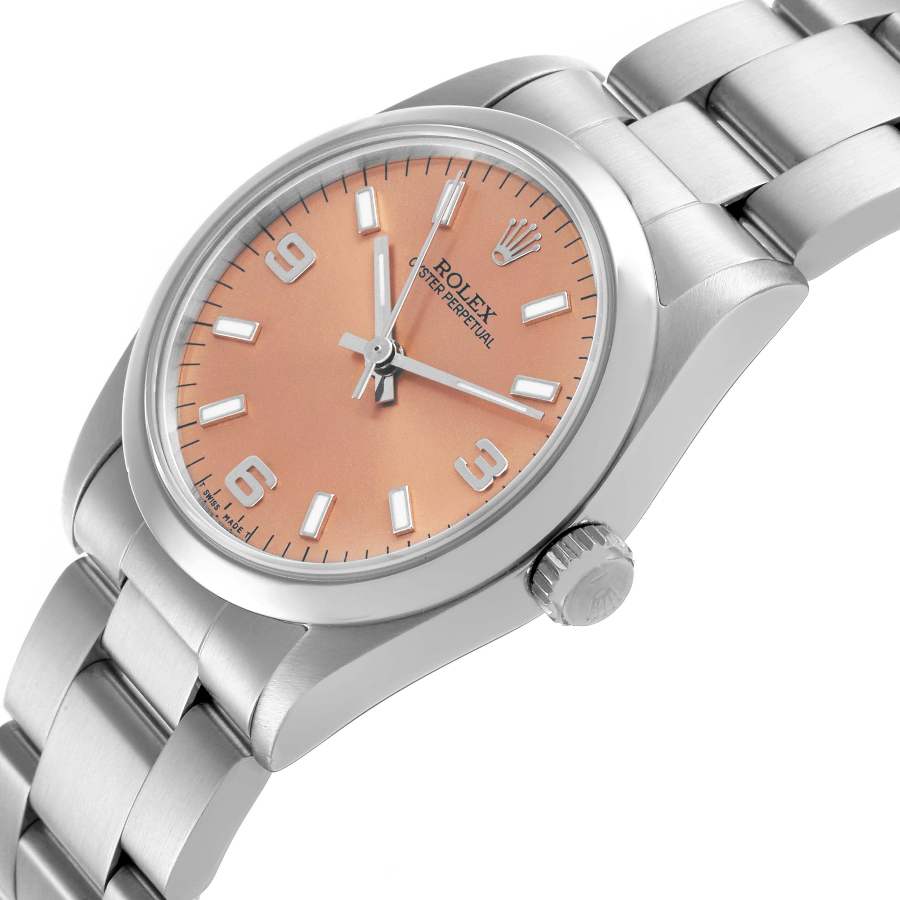 The Rolex Mid-Size 67480 Women's Stainless Steel Pink Dial 67480 Women's Stainless Steel Pink Dial model is shown from a side angle, displaying the dial, bezel, crown, and part of the bracelet.