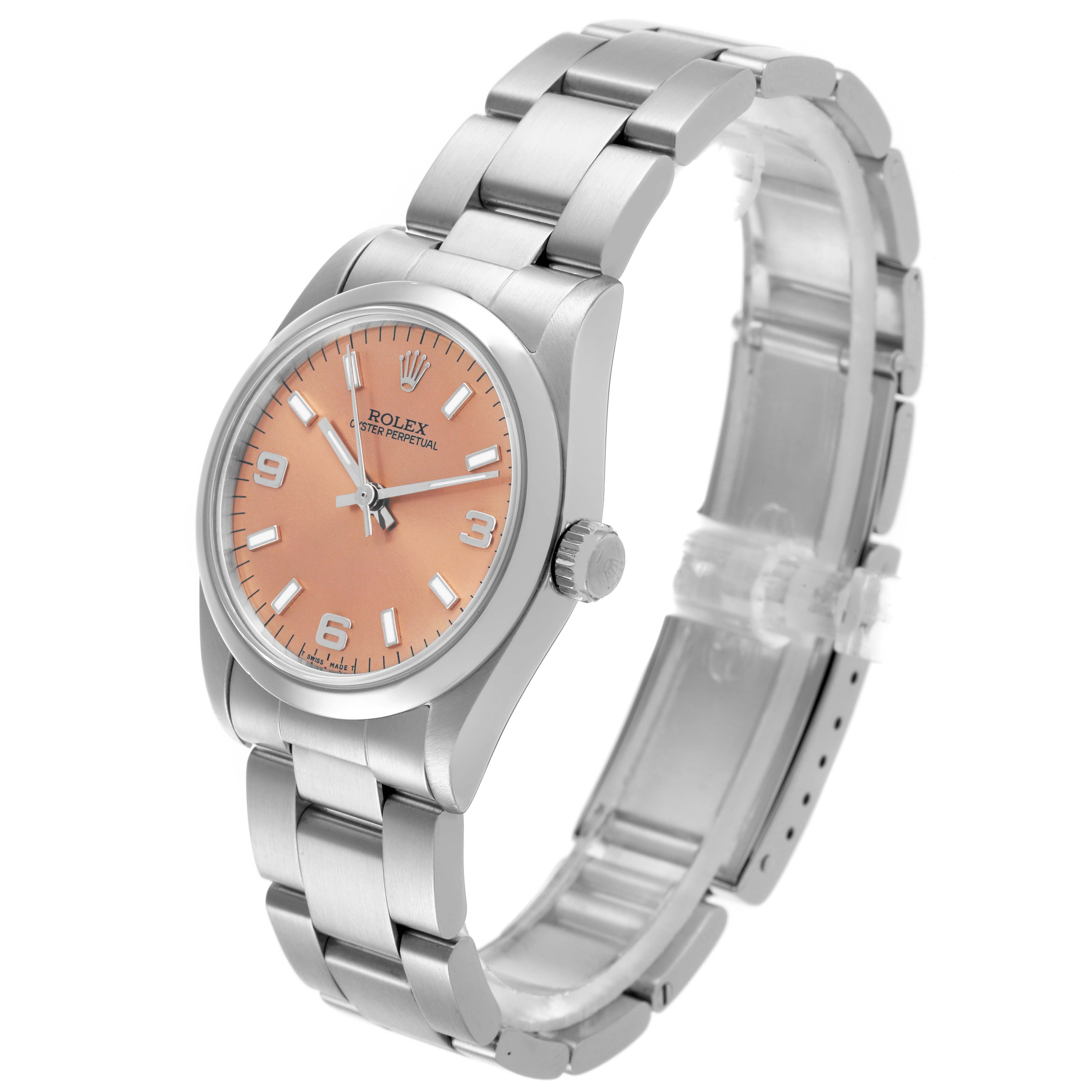 The Rolex Mid-Size 67480 Women's Stainless Steel Pink Dial 67480 Women's Stainless Steel Pink Dial watch is shown at an angle displaying the dial, bezel, and bracelet clearly.