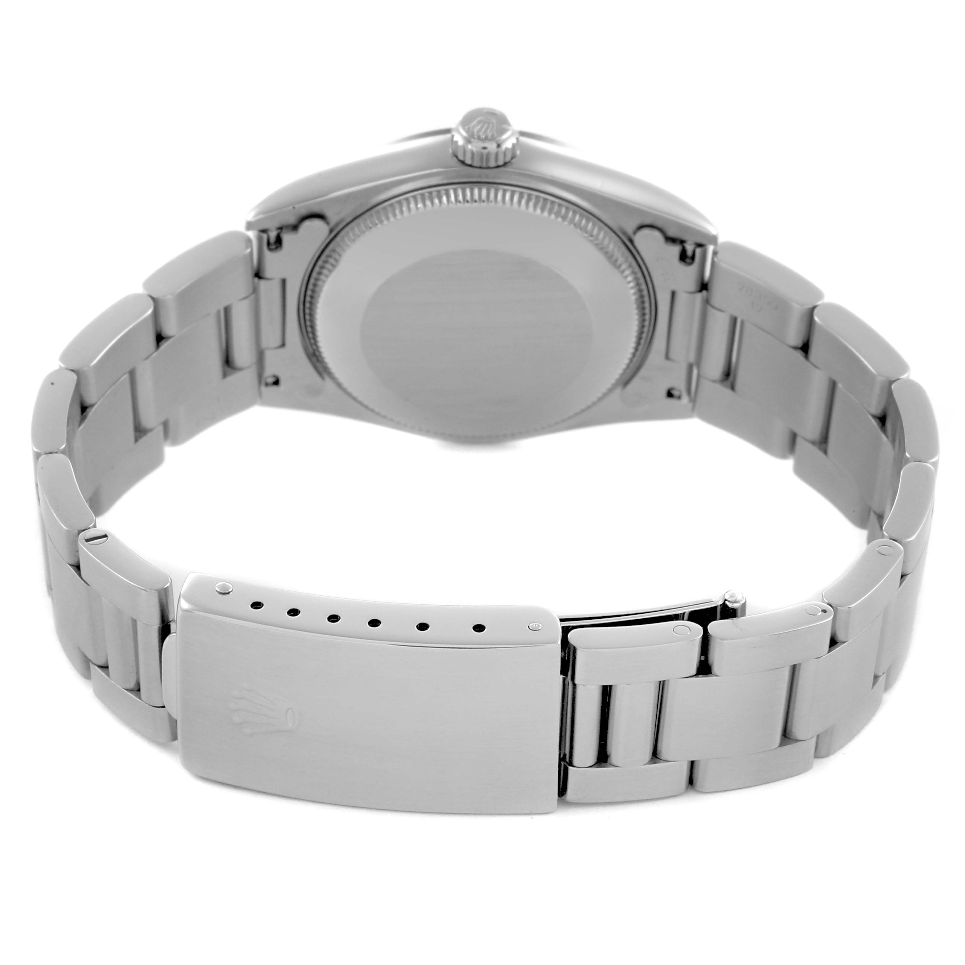 The image shows the back view of a Rolex Mid-Size 67480 Women's Stainless Steel Pink Dial 67480 Women's Stainless Steel Pink Dial model, highlighting the bracelet and clasp.