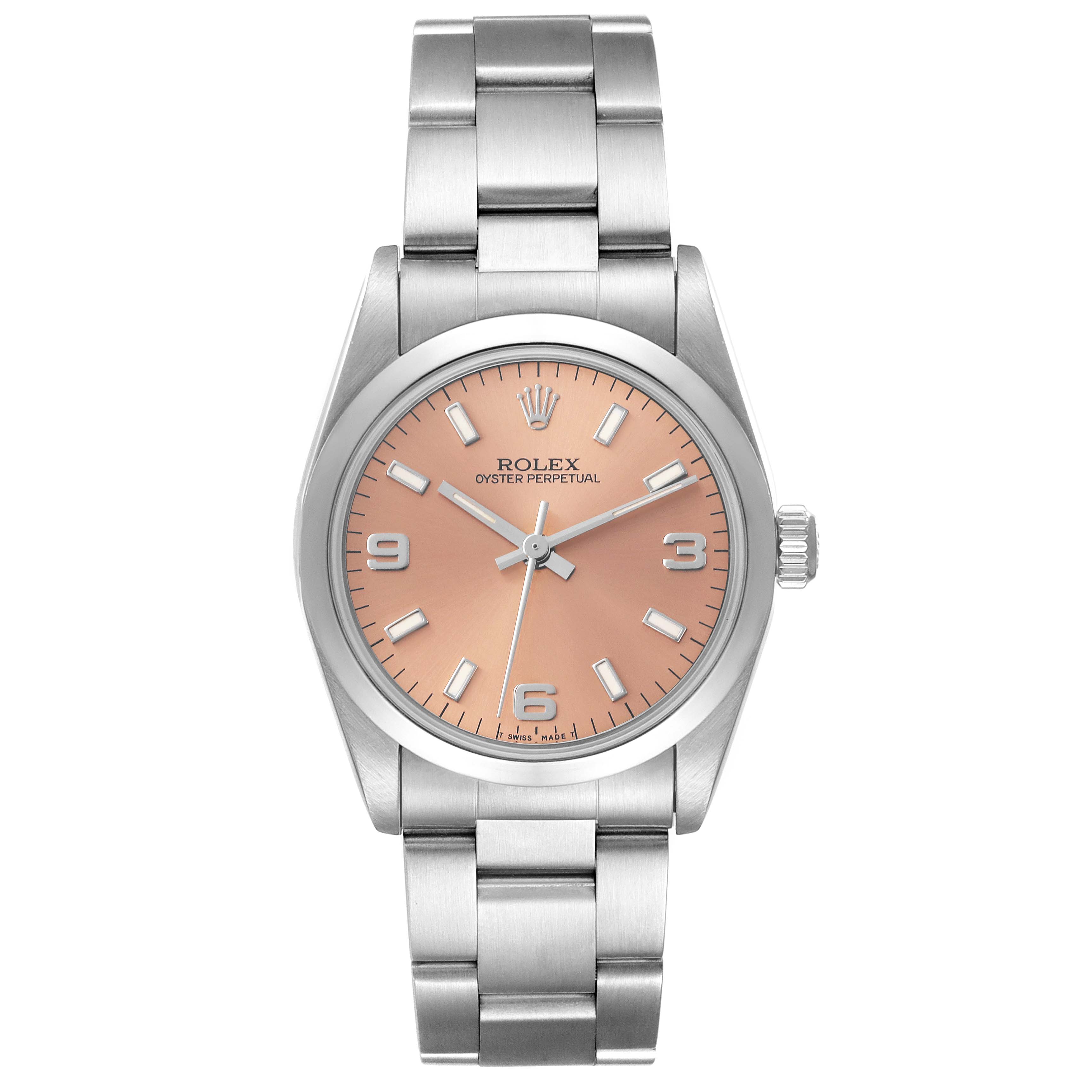 The Rolex Mid-Size 67480 Women's Stainless Steel Pink Dial 67480 Women's Stainless Steel Pink Dial Oyster Perpetual watch is shown from a front angle, displaying its face, bezel, bracelet, and crown.