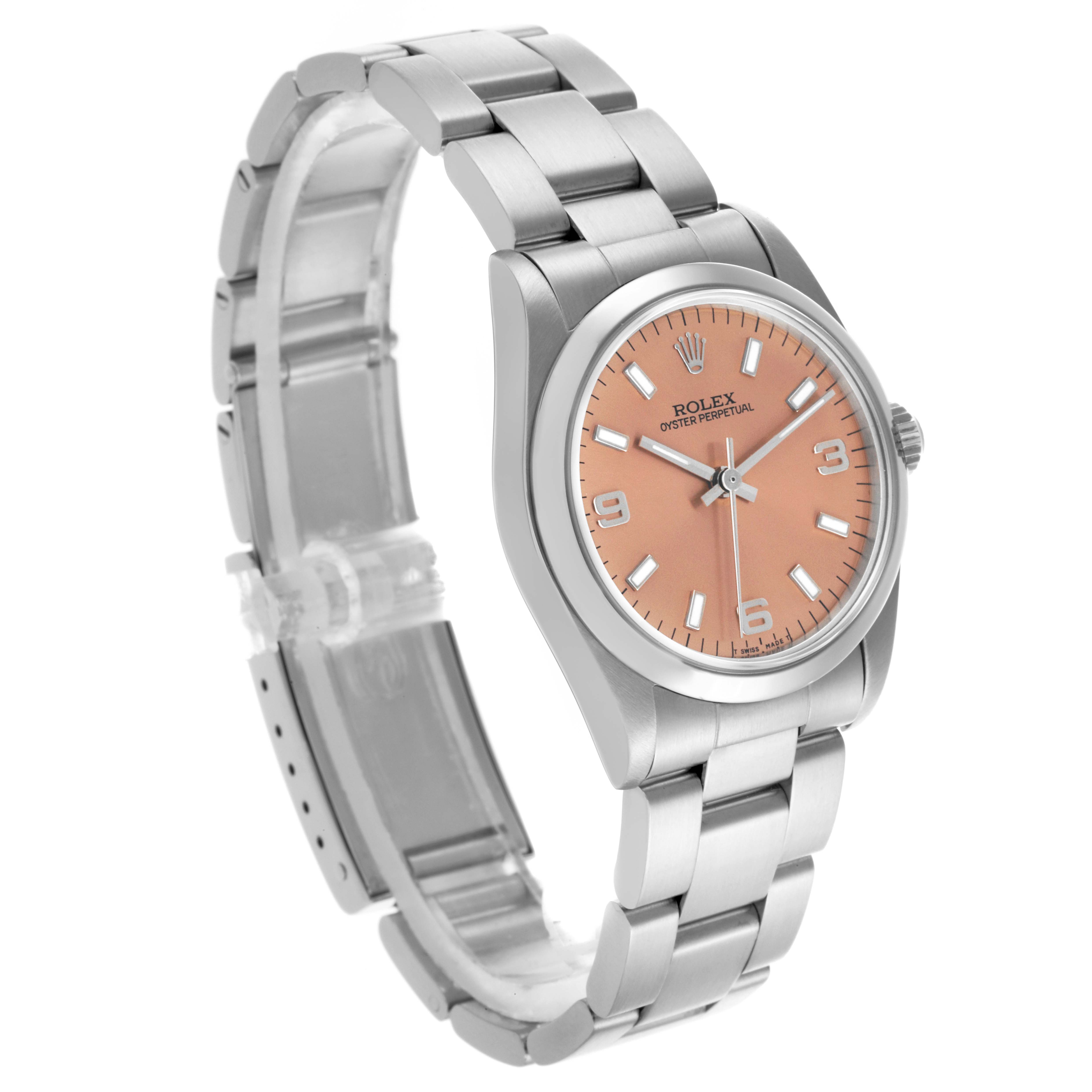 The Rolex Mid-Size 67480 Women's Stainless Steel Pink Dial 67480 Women's Stainless Steel Pink Dial watch is shown at a three-quarter angle, highlighting the bracelet and face with a peach dial.