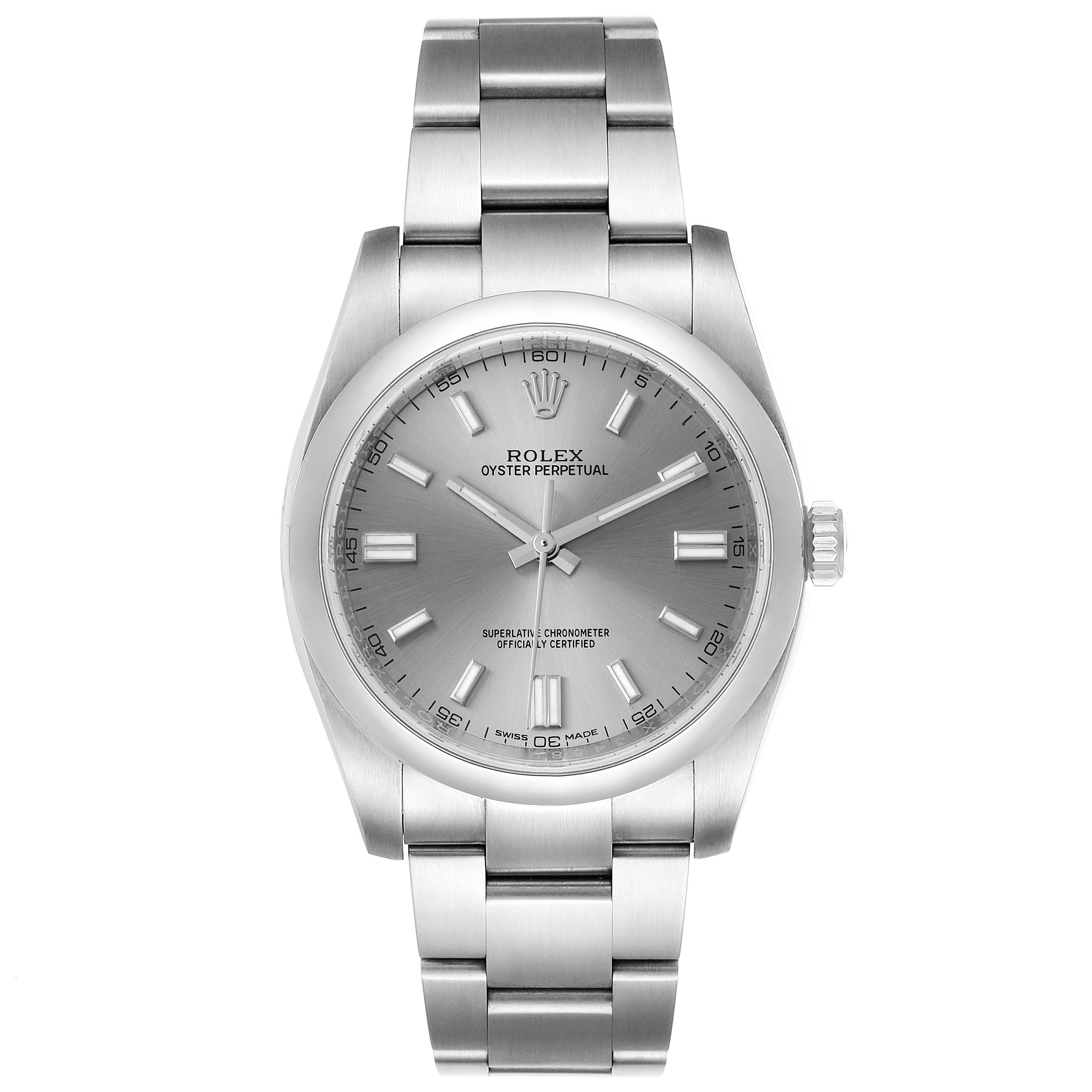 This image shows a frontal view of a Rolex Oyster Perpetual 116000 Men's Stainless Steel Grey Dial 116000 Men's Stainless Steel Grey Dial watch, highlighting its dial, hour markers, hands, and bracelet.