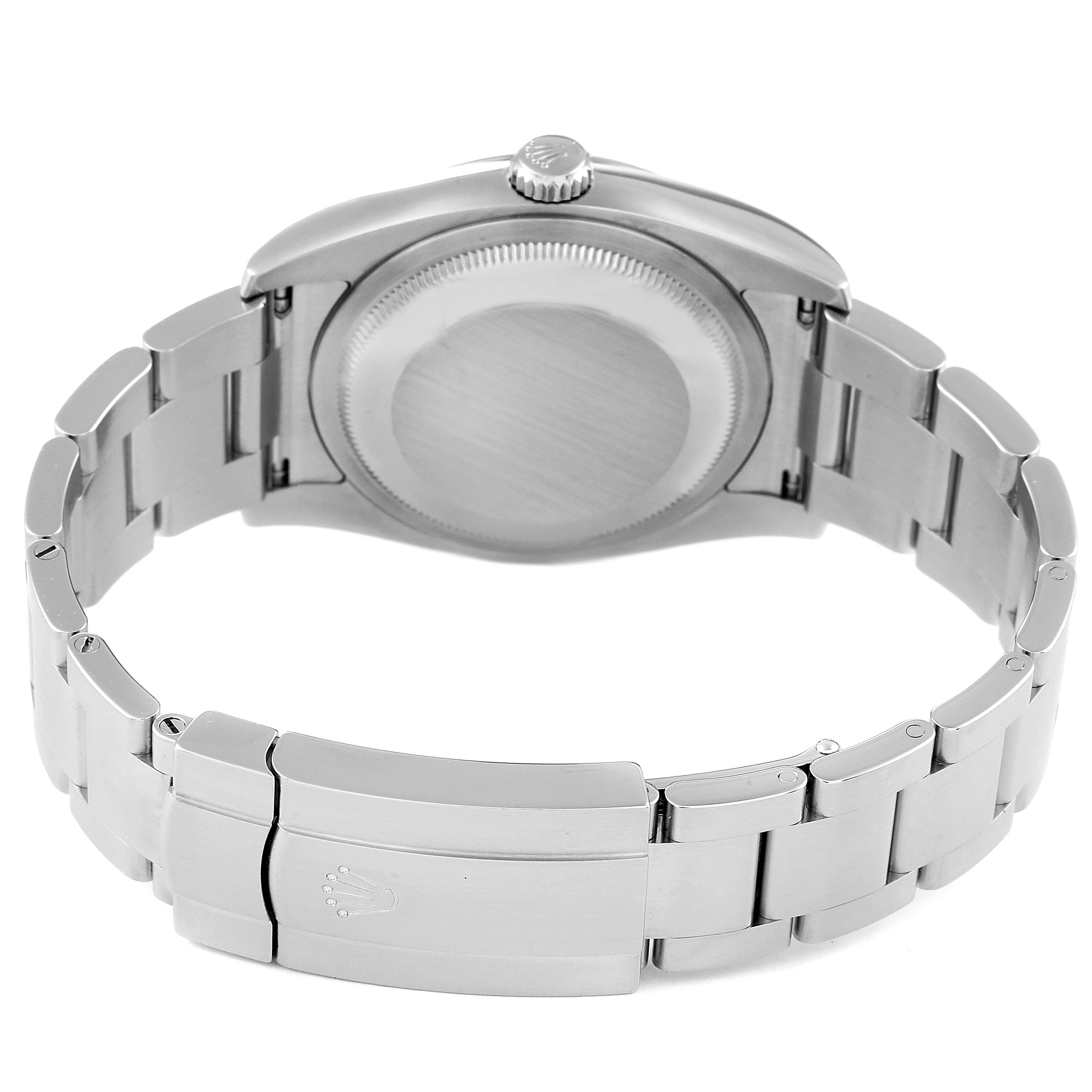 The image shows the back view of a Rolex Oyster Perpetual 116000 Men's Stainless Steel Grey Dial 116000 Men's Stainless Steel Grey Dial watch, highlighting its case back and metal bracelet.