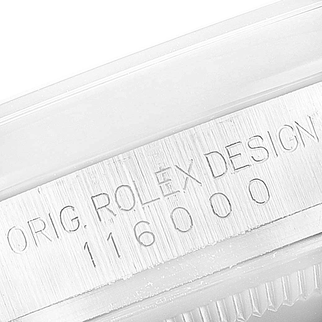 This image shows an engraved side view of a Rolex Oyster Perpetual 116000 Men's Stainless Steel Grey Dial 116000 Men's Stainless Steel Grey Dial watch with model number 116000.