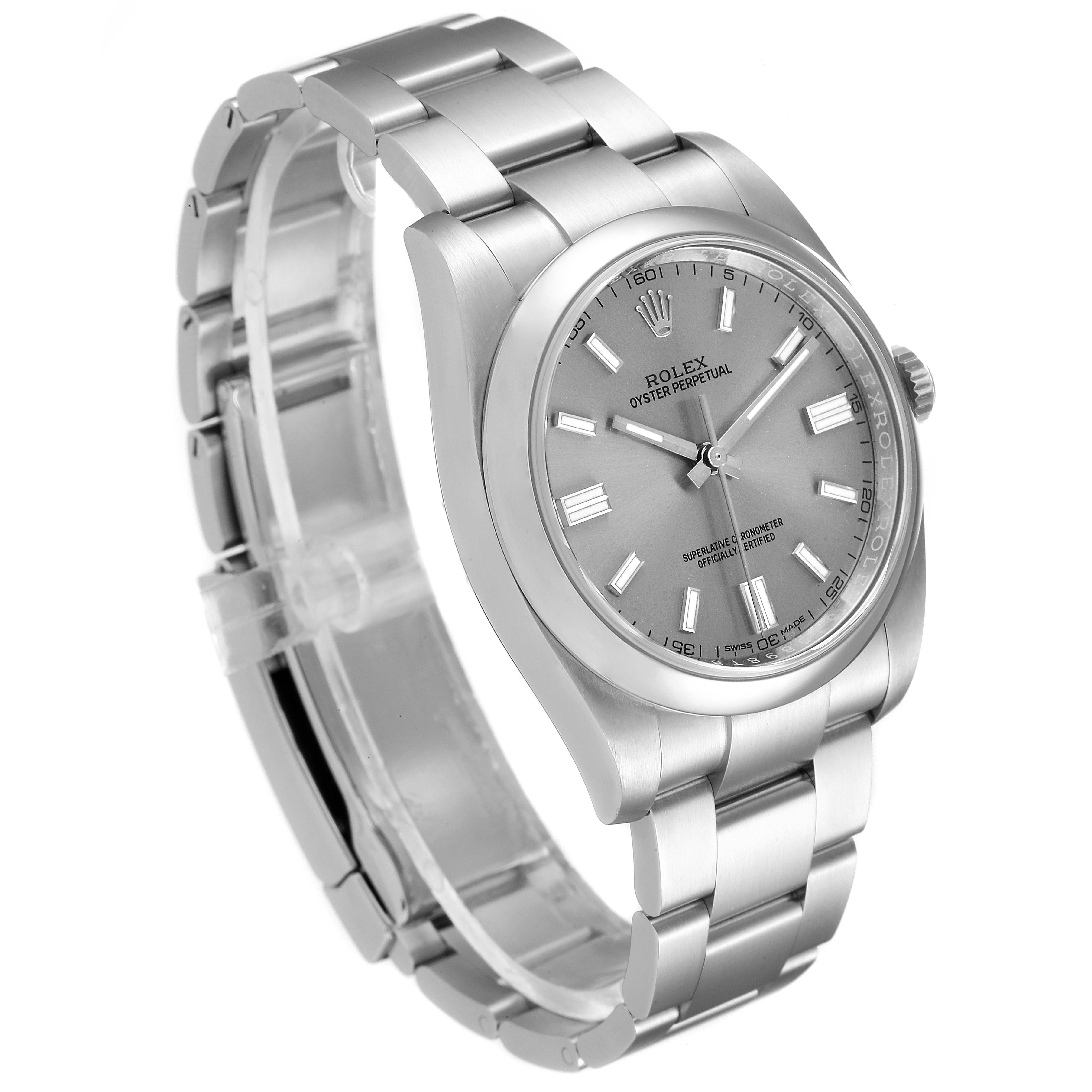 The image shows a front-side angle of a Rolex Oyster Perpetual 116000 Men's Stainless Steel Grey Dial 116000 Men's Stainless Steel Grey Dial watch, highlighting its dial, bezel, bracelet, and crown.