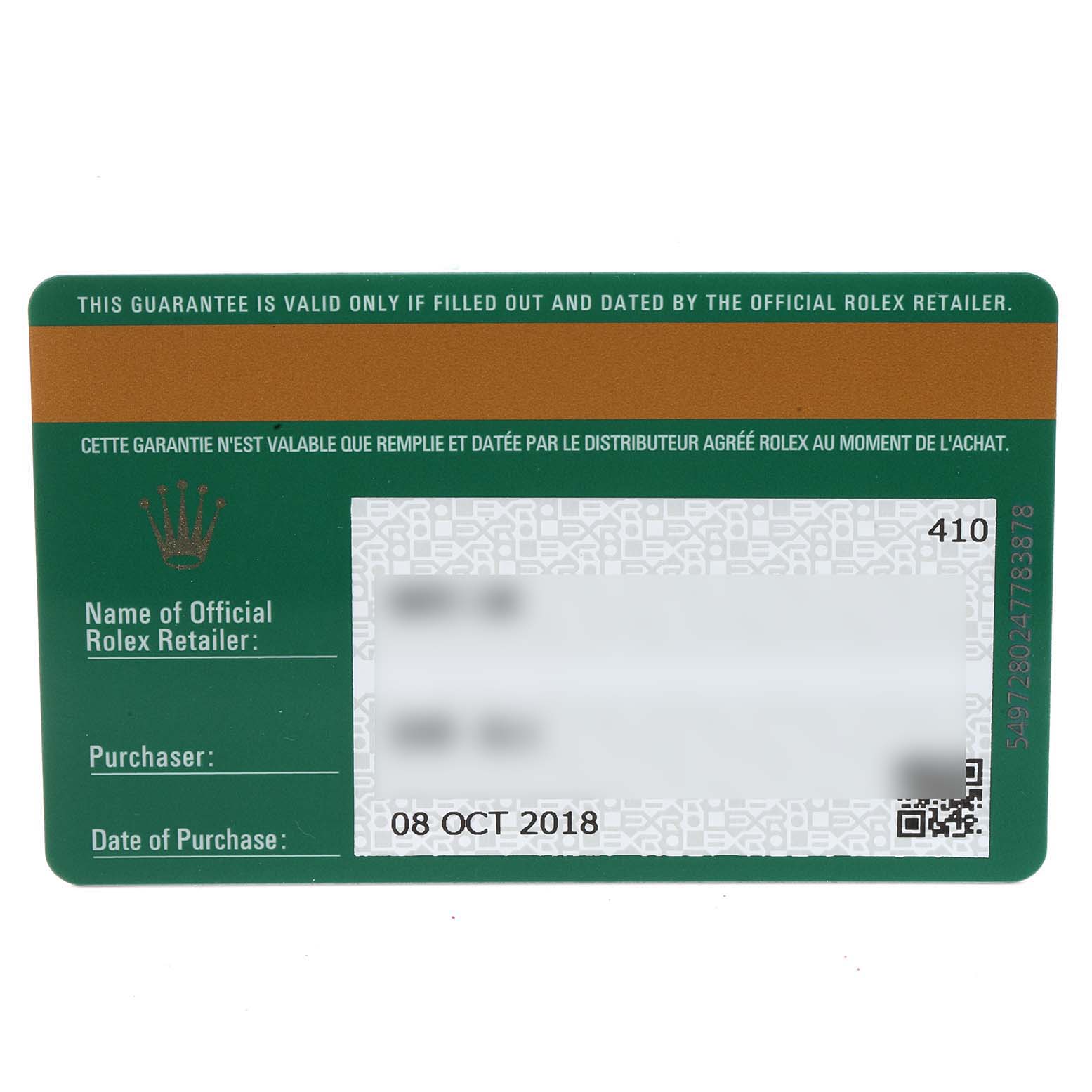 The image shows the warranty card for a Rolex Oyster Perpetual 116000 Men's Stainless Steel Grey Dial 116000 Men's Stainless Steel Grey Dial watch, including the purchase date and retailer information.