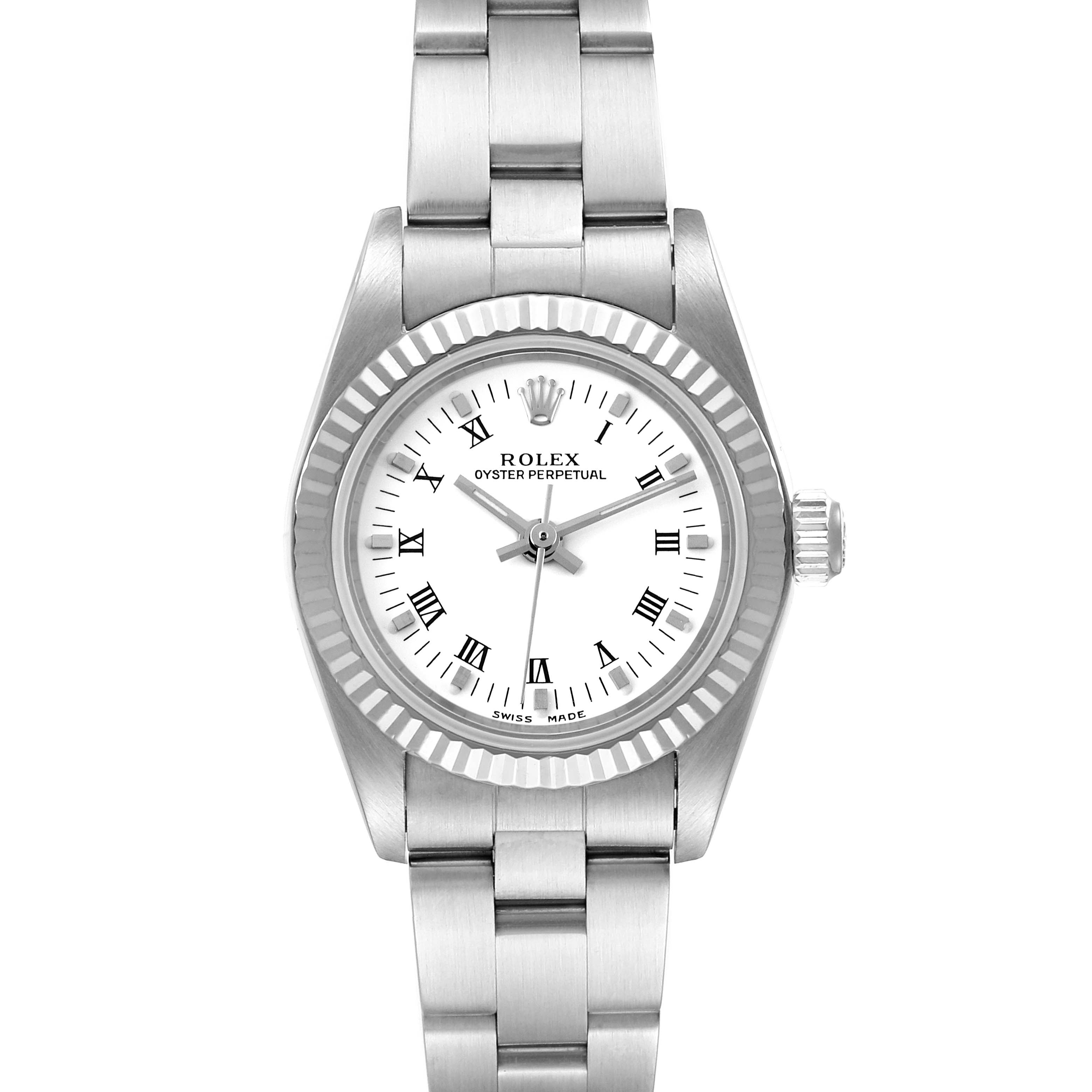 This image shows a Rolex Oyster Perpetual 76094 Women's Stainless Steel White Dial 76094 Women's Stainless Steel White Dial watch from a front angle, displaying the dial, bezel, and bracelet.