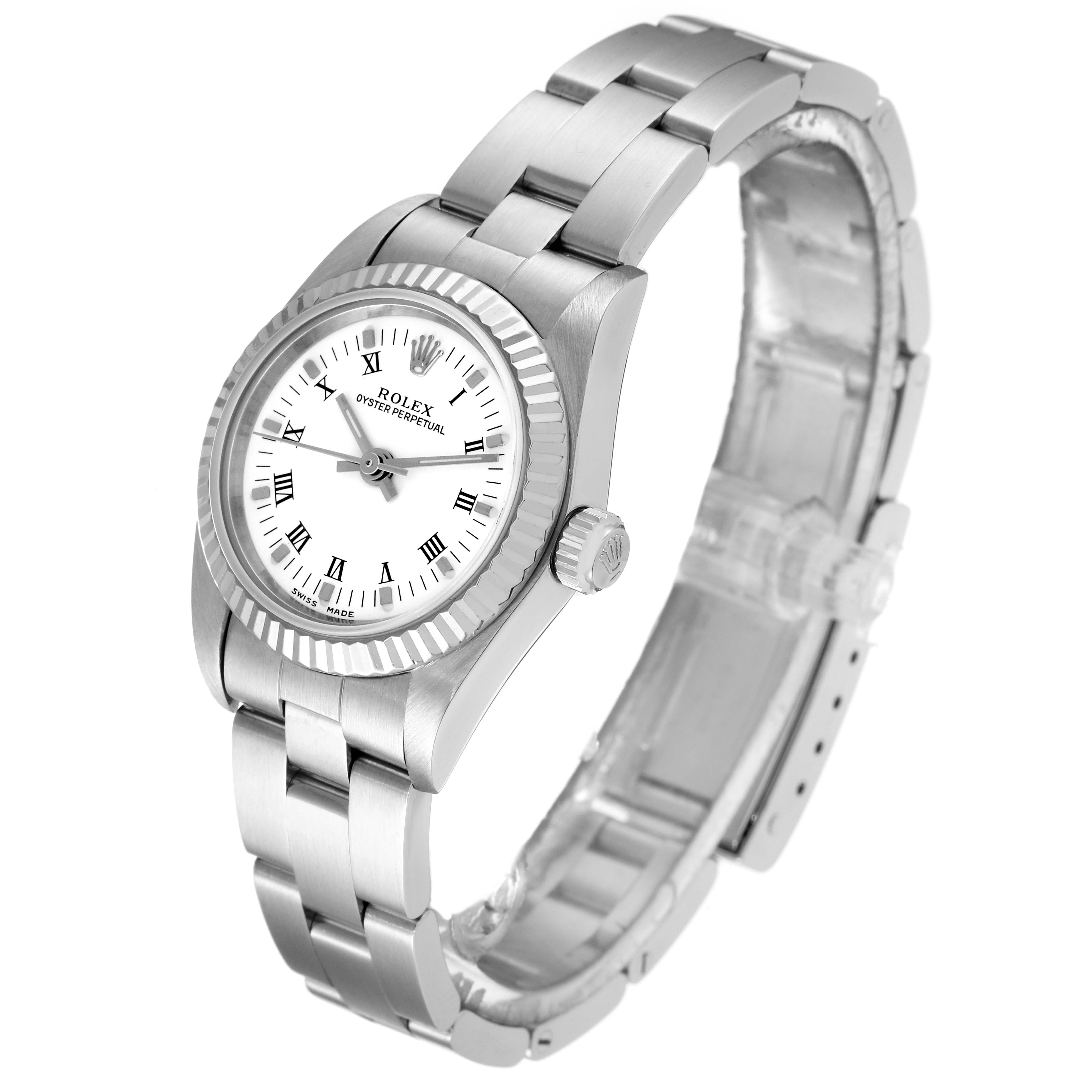 The image shows a Rolex Oyster Perpetual 76094 Women's Stainless Steel White Dial 76094 Women's Stainless Steel White Dial watch at a slight angle, highlighting the face, bezel, band, and crown.