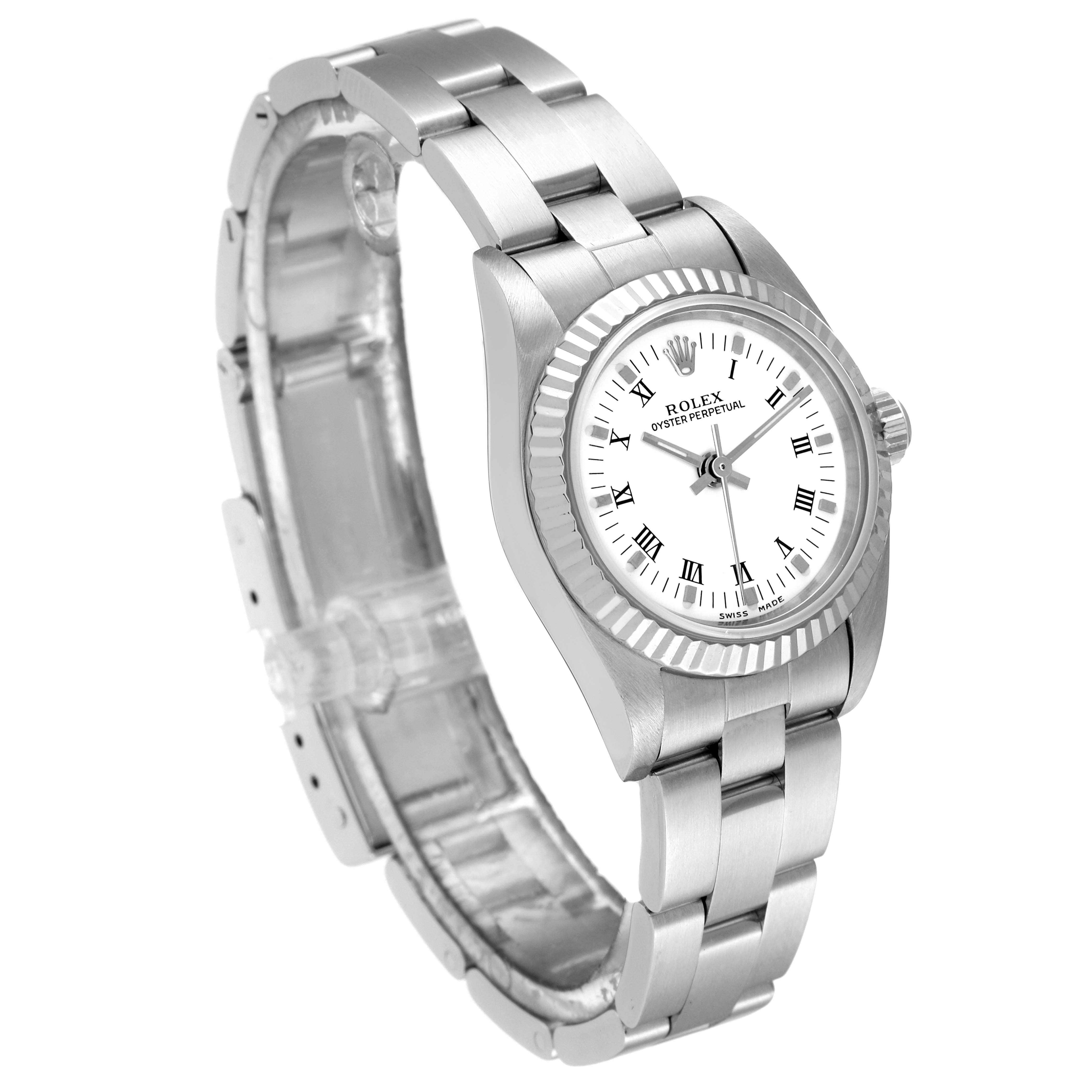 This Rolex Oyster Perpetual 76094 Women's Stainless Steel White Dial 76094 Women's Stainless Steel White Dial watch is shown at a three-quarter angle, highlighting the bracelet, bezel, dial, and crown.