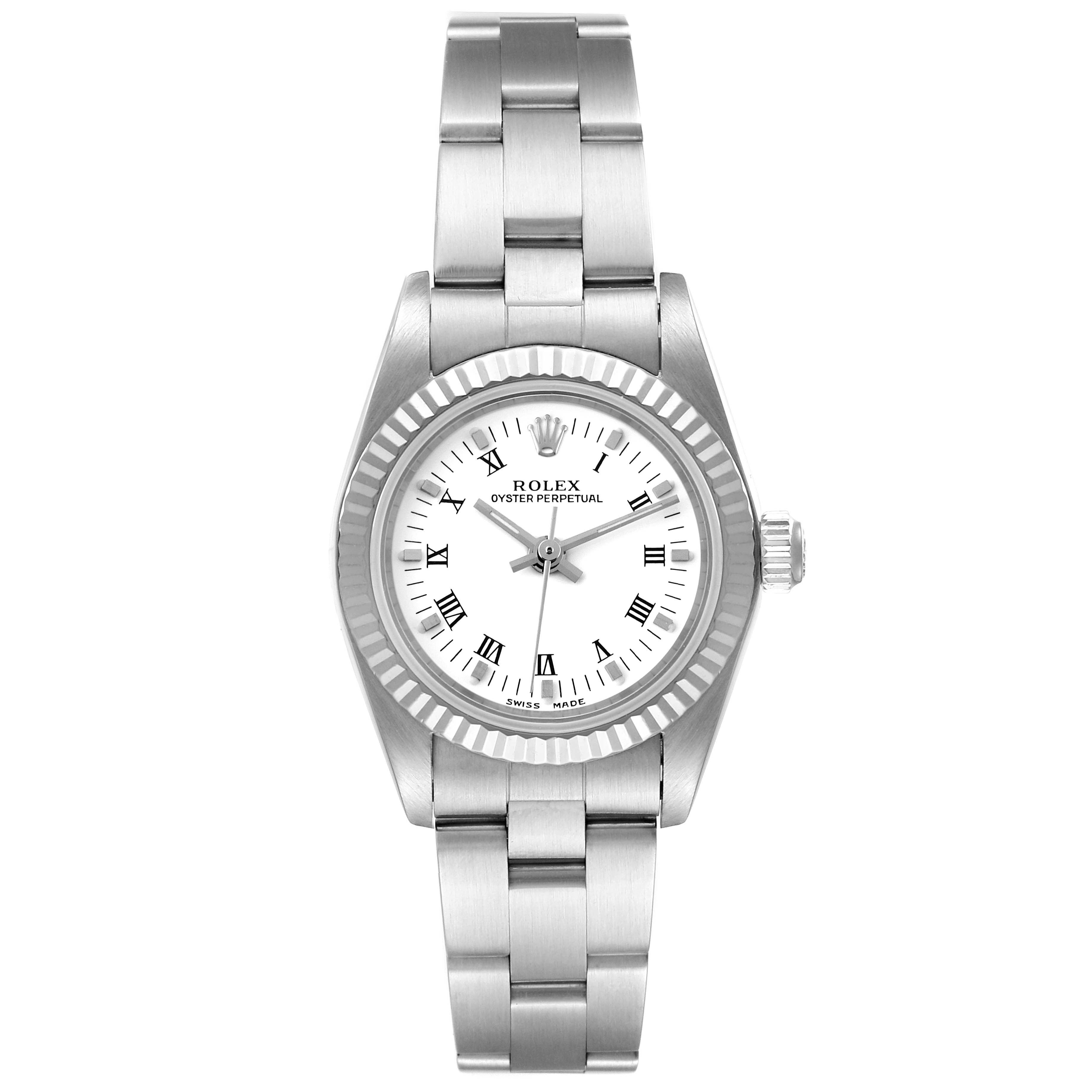The image shows a frontal view of a Rolex Oyster Perpetual 76094 Women's Stainless Steel White Dial 76094 Women's Stainless Steel White Dial watch, displaying its dial, bezel, and bracelet.